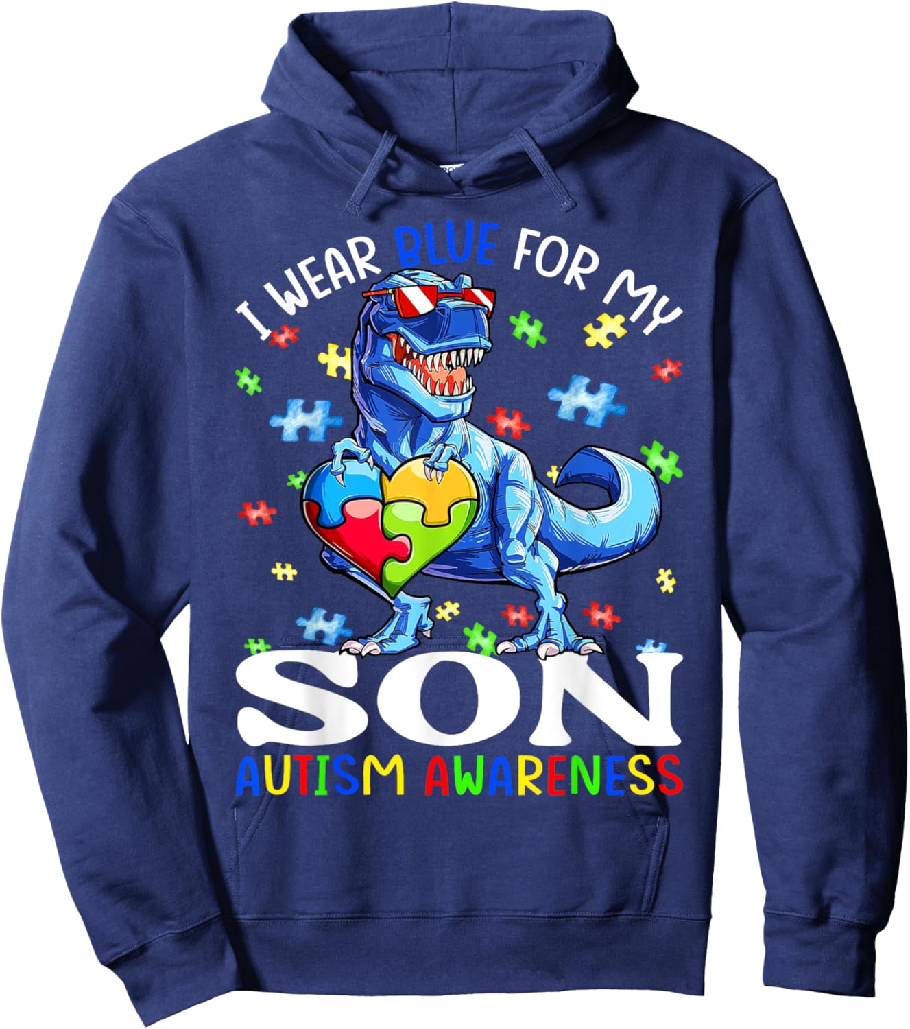 I Wear Blue For My Son Autism Awareness Dinosaur Boys Hoodie - Hoodie | Navy