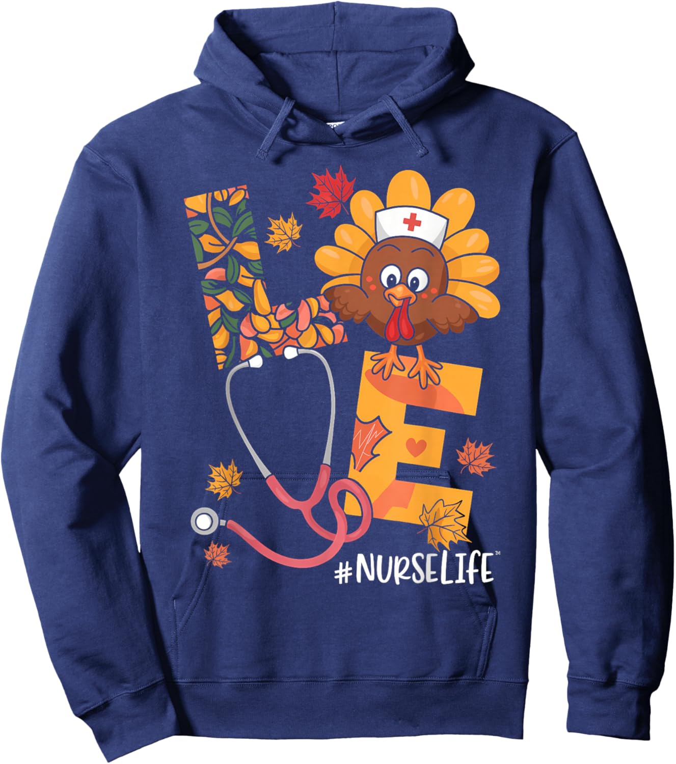 Turkey Nurse Thanksgiving Fall Scrub Nursing RN ICU ER Nicu Hoodie - Hoodie | Navy