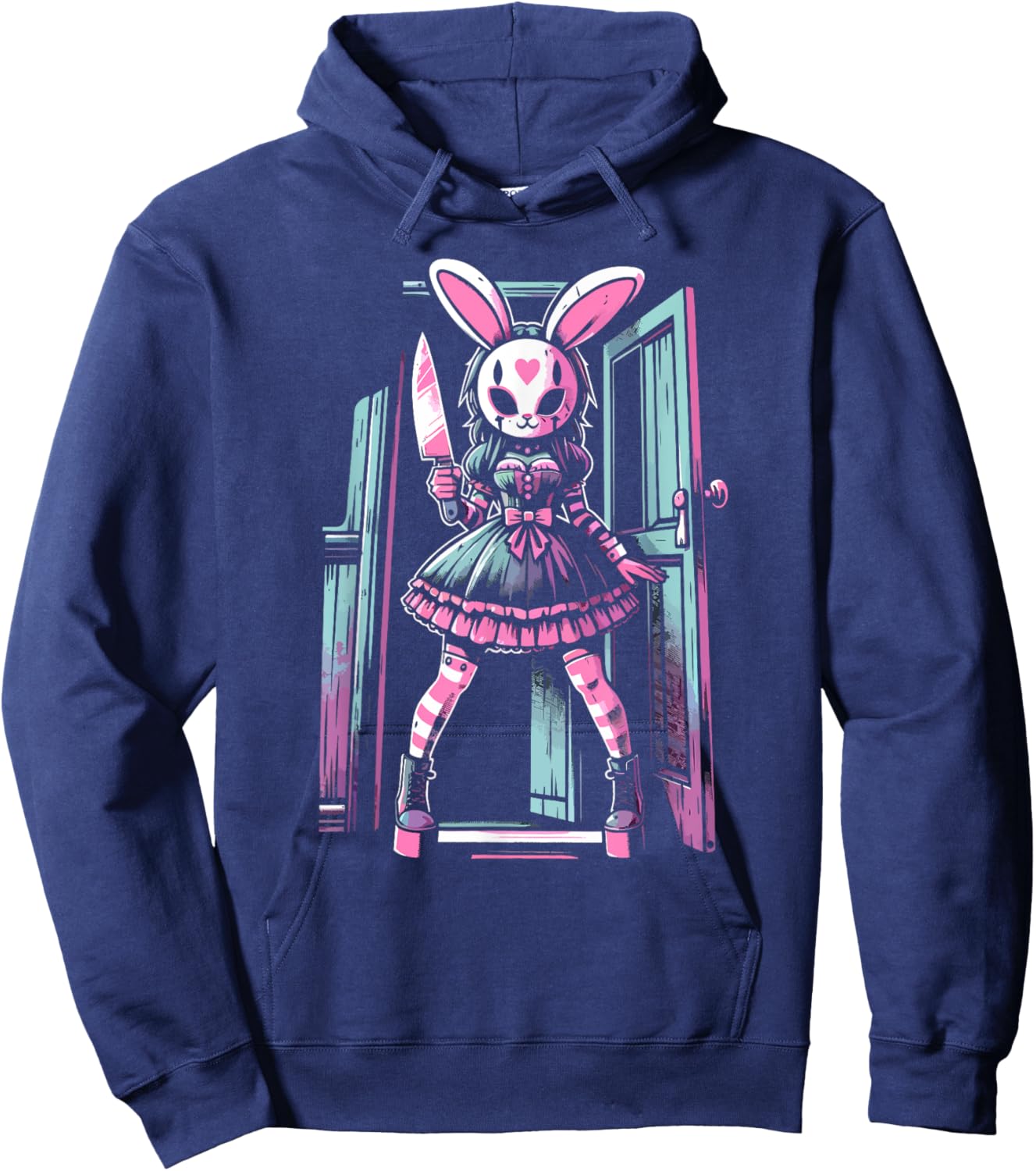 Pastel Goth Bunny Mask Girl Horror Slasher Anime Alt Rabbit Hoodie - Hoodie | Navy