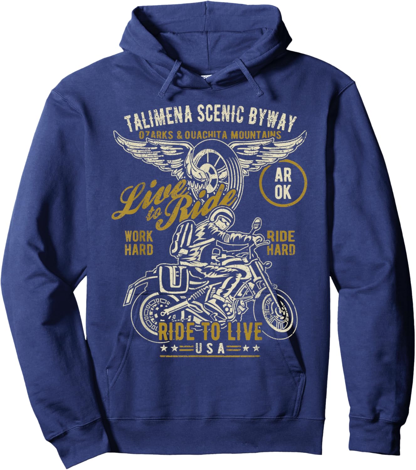 Talimena Scenic Byway AR OK USA Motorcycle Distressed Design Hoodie - Hoodie | Navy