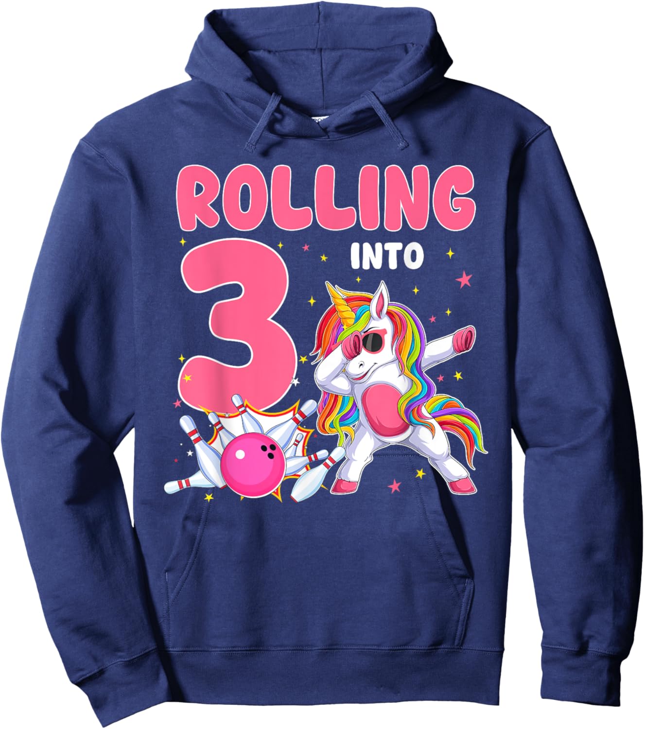 Rolling Into 3 3rd Birthday Unicorn Bowling 3 Year Old Hoodie - Hoodie | Navy