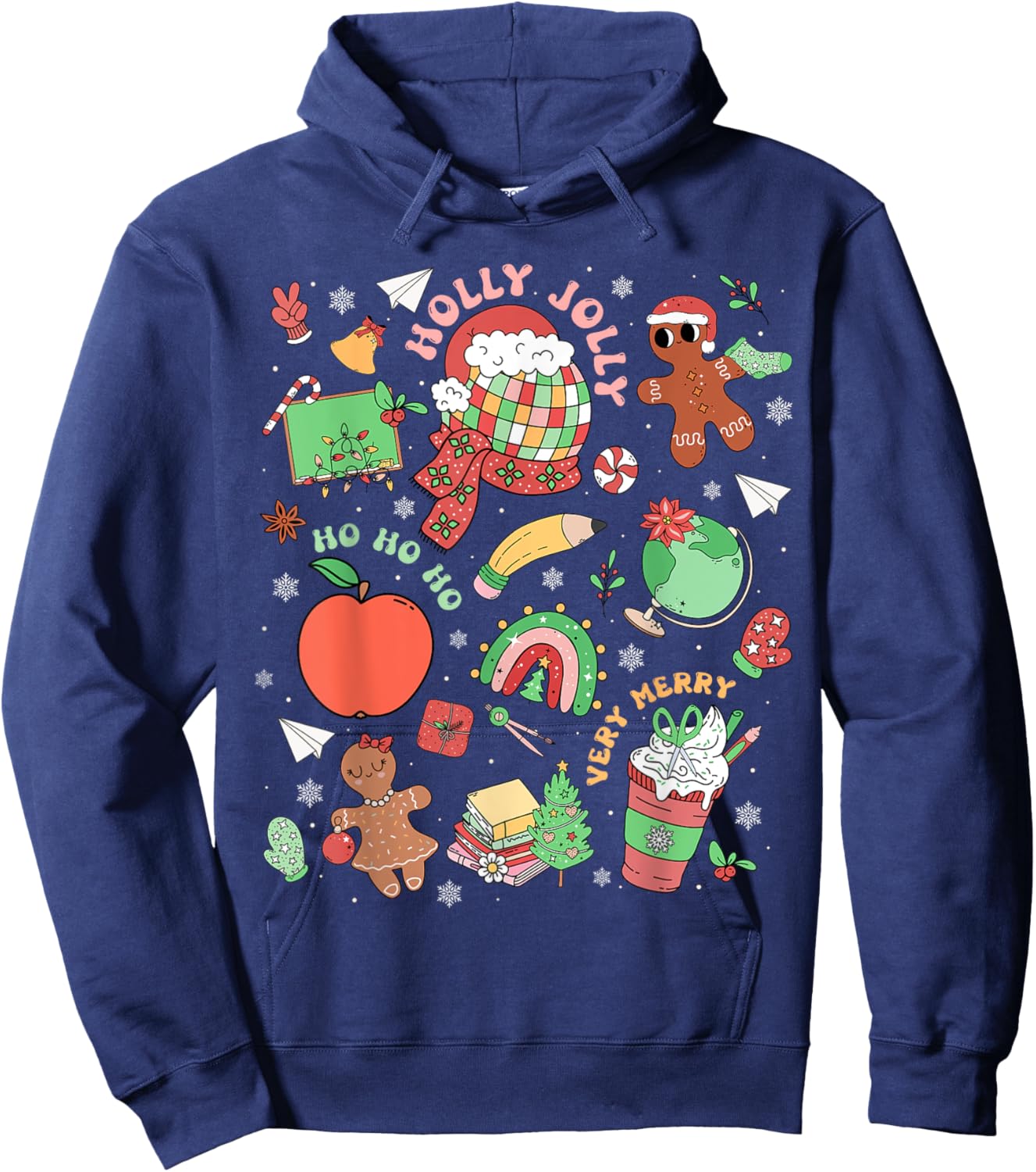 Retro Very Merry Teacher Gingerbread Rainbow Xmas Holiday Hoodie - Hoodie | Navy