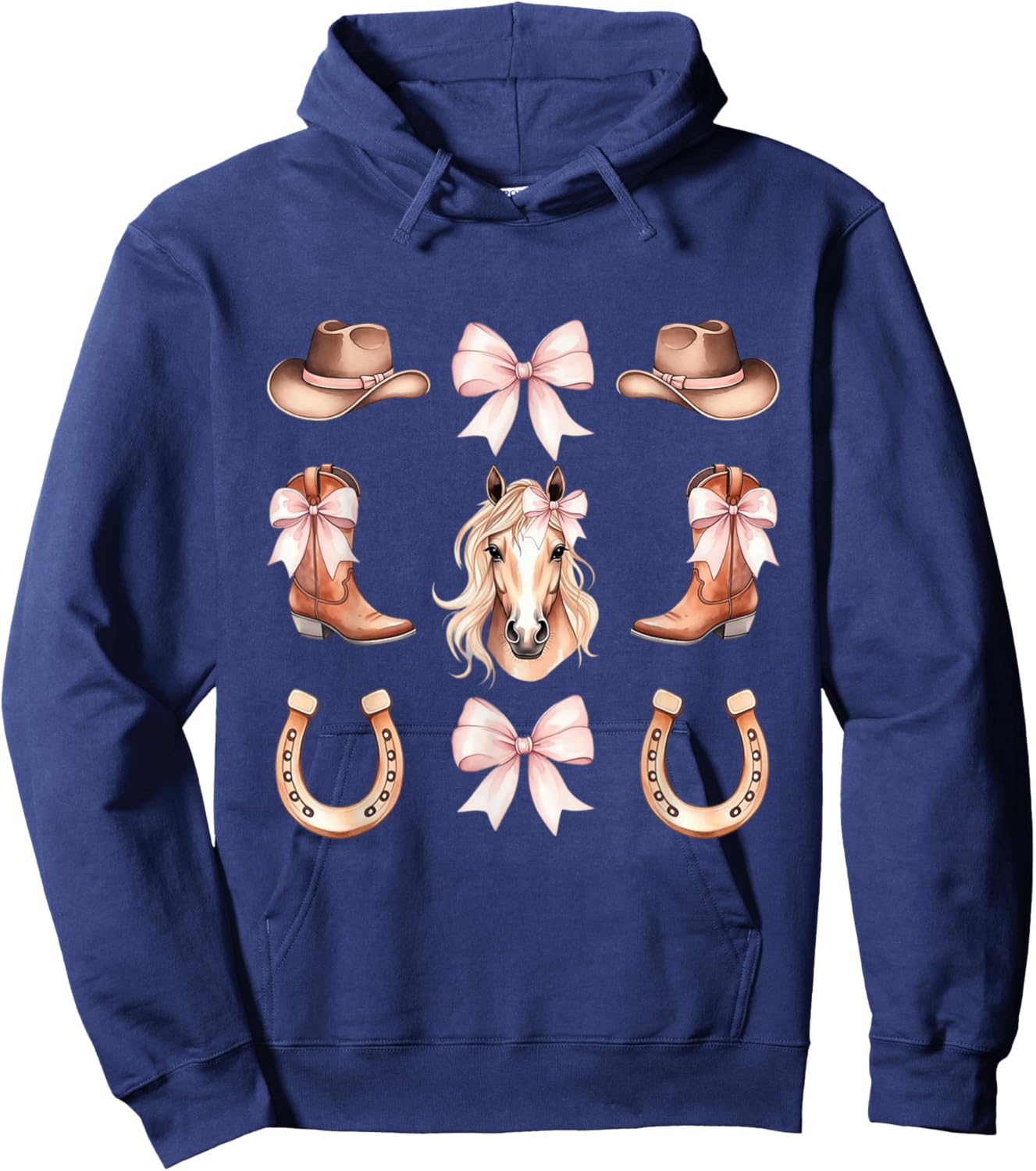 Coquette Cowgirl Aesthetic Horse and Boots with Pink Bows Hoodie - Hoodie | Navy