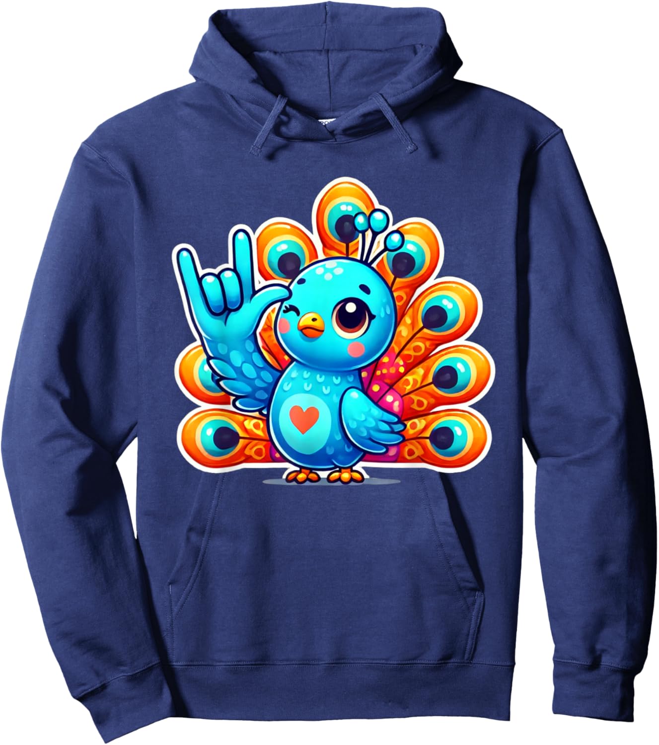 Cute Peacock Bird Love You Hand Sign Language ASL Hoodie - Hoodie | Navy