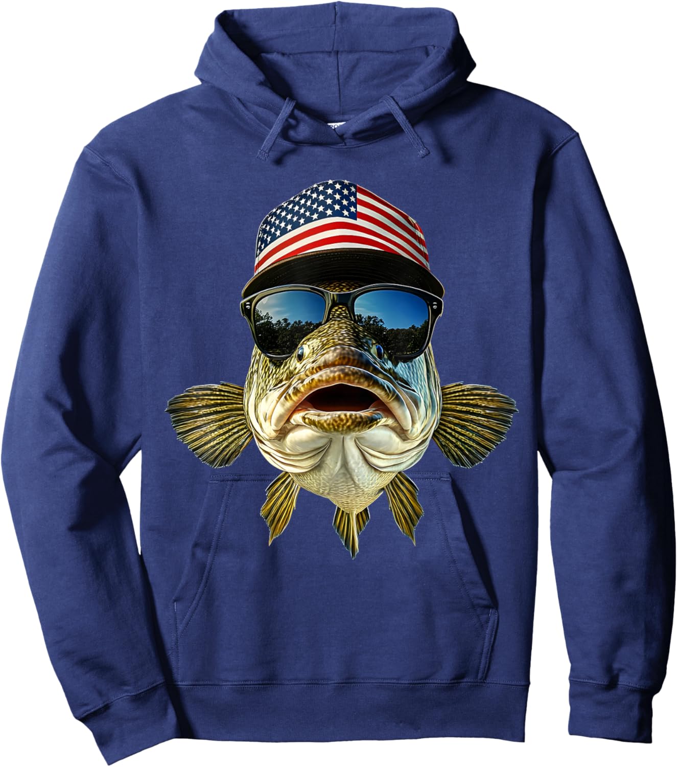Bass Fishing Outfit USA Flag America Cap and Sunglasses Hoodie - Hoodie | Navy