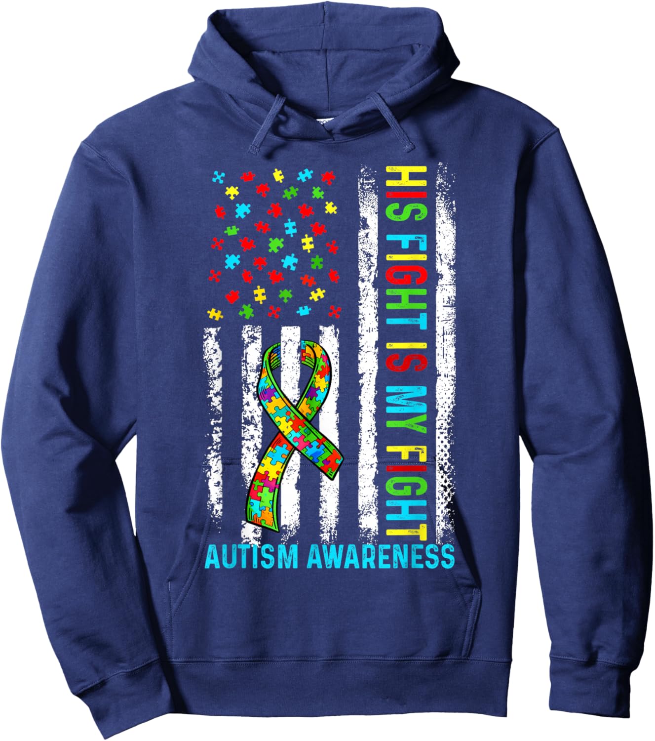 His Fight is My Fight Autism Awareness Support Ribbon Puzzel Hoodie - Hoodie | Navy