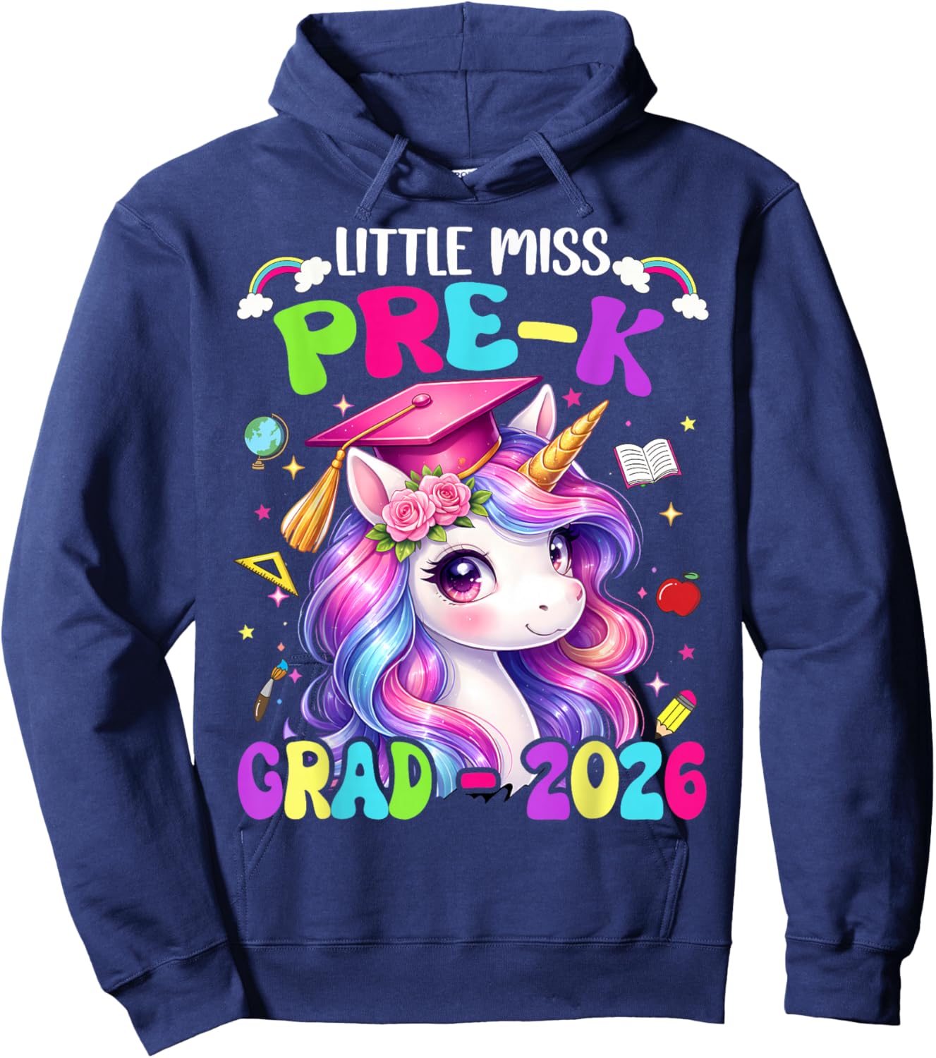 Little Miss Pre-K Grad 2026 Graduate Unicorn Kids Girl Prek Hoodie - Hoodie | Navy