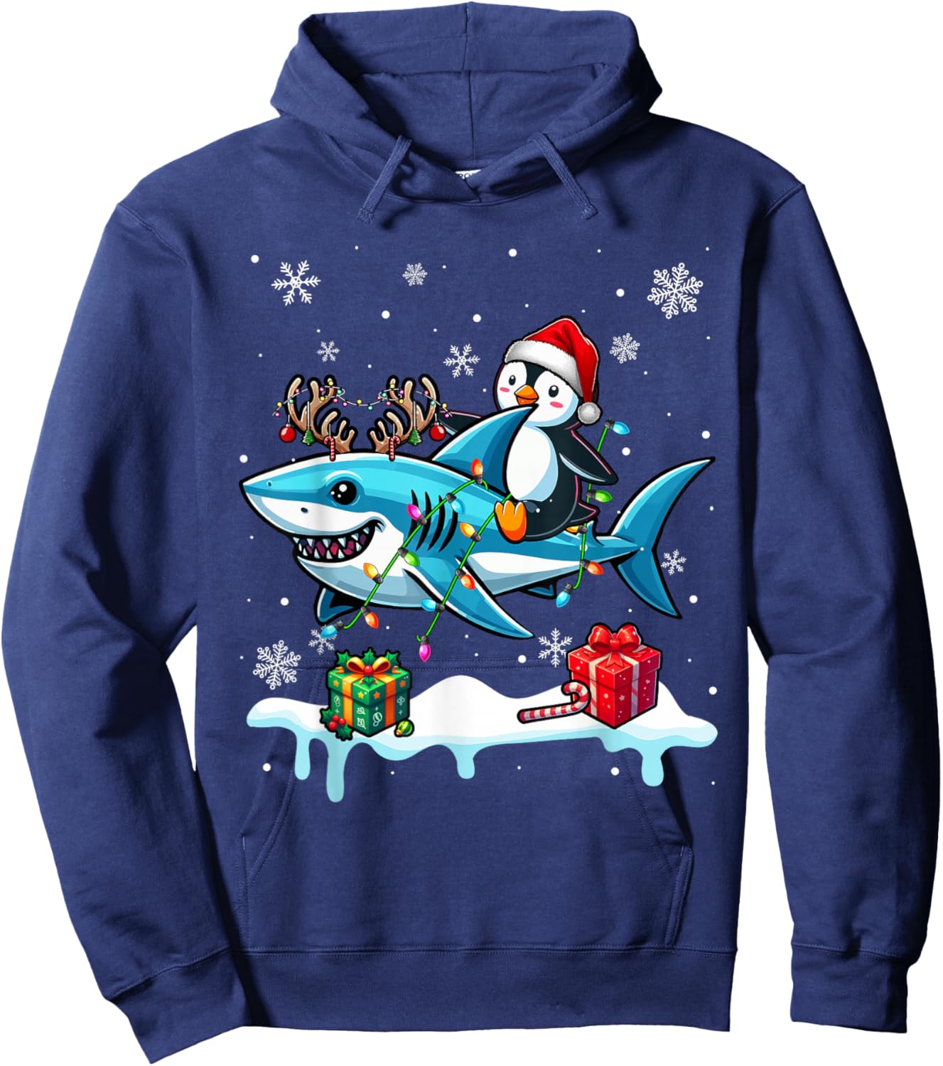 Christmas Santa Penguin Riding Reindeer Shark Lover Kids Hoodie - Hoodie | Navy