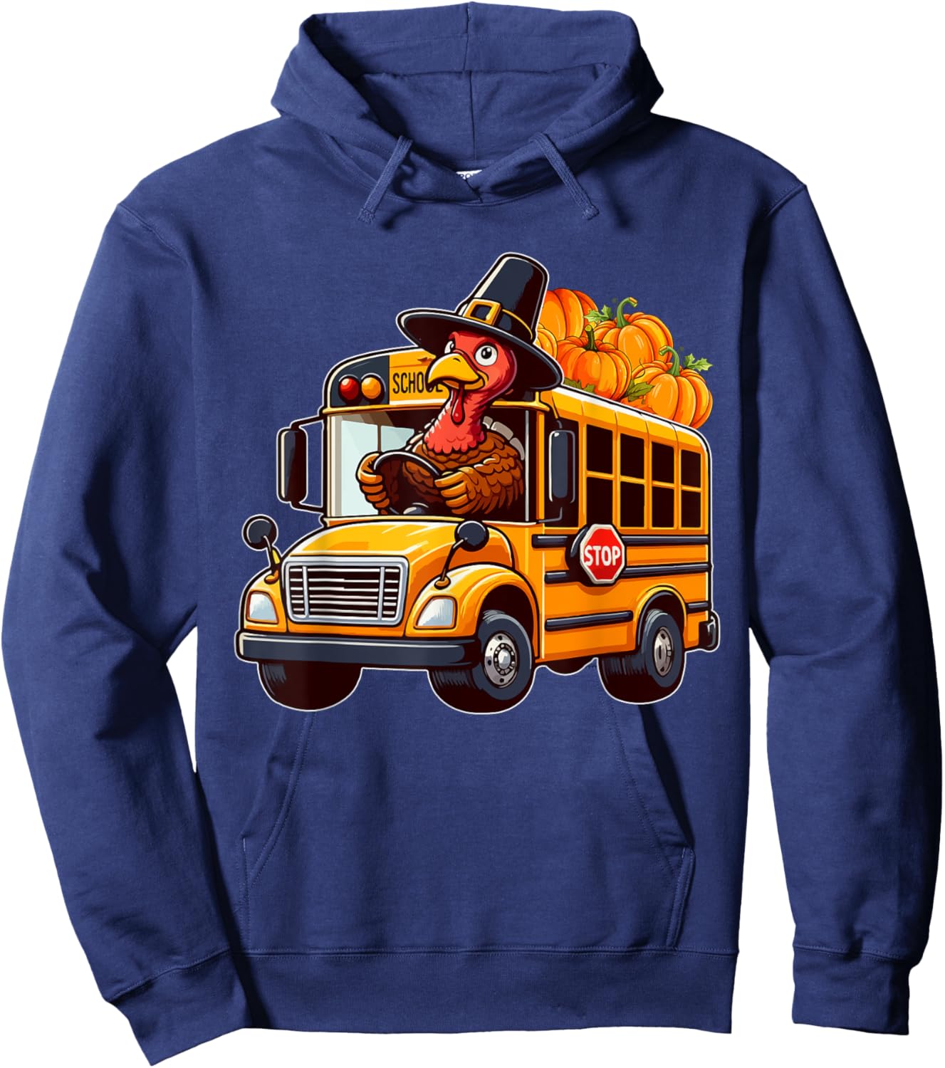 Turkey Driving School Bus Thanksgiving Driver Fall Pumpkins Hoodie - Hoodie | Navy