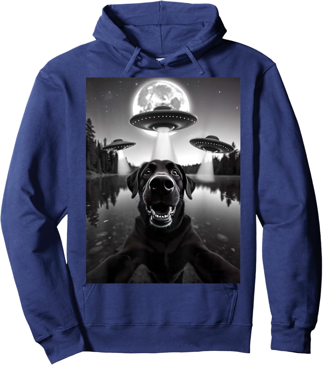 Funny Black Lab Labrador Dog Selfie with UFOs Weird Aliens Hoodie - Hoodie | Navy
