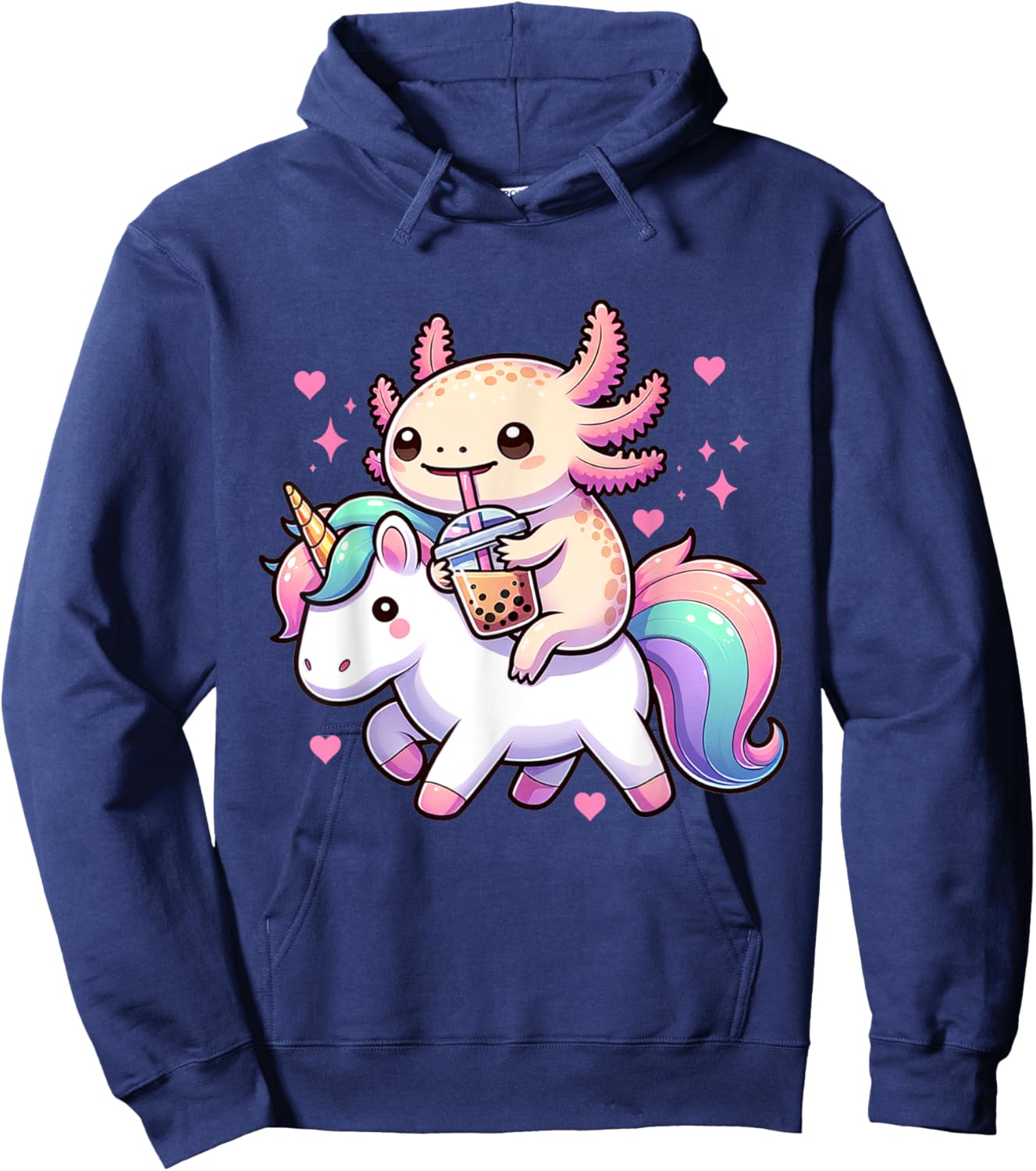 Cute Anime Kawaii Axolotl Riding A Unicorn And Drinking Boba Hoodie - Hoodie | Navy