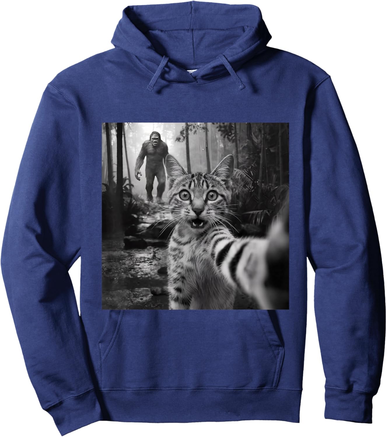 Funny surprised scared cat selfie with sasquatsch bigfoot Hoodie - Hoodie | Navy
