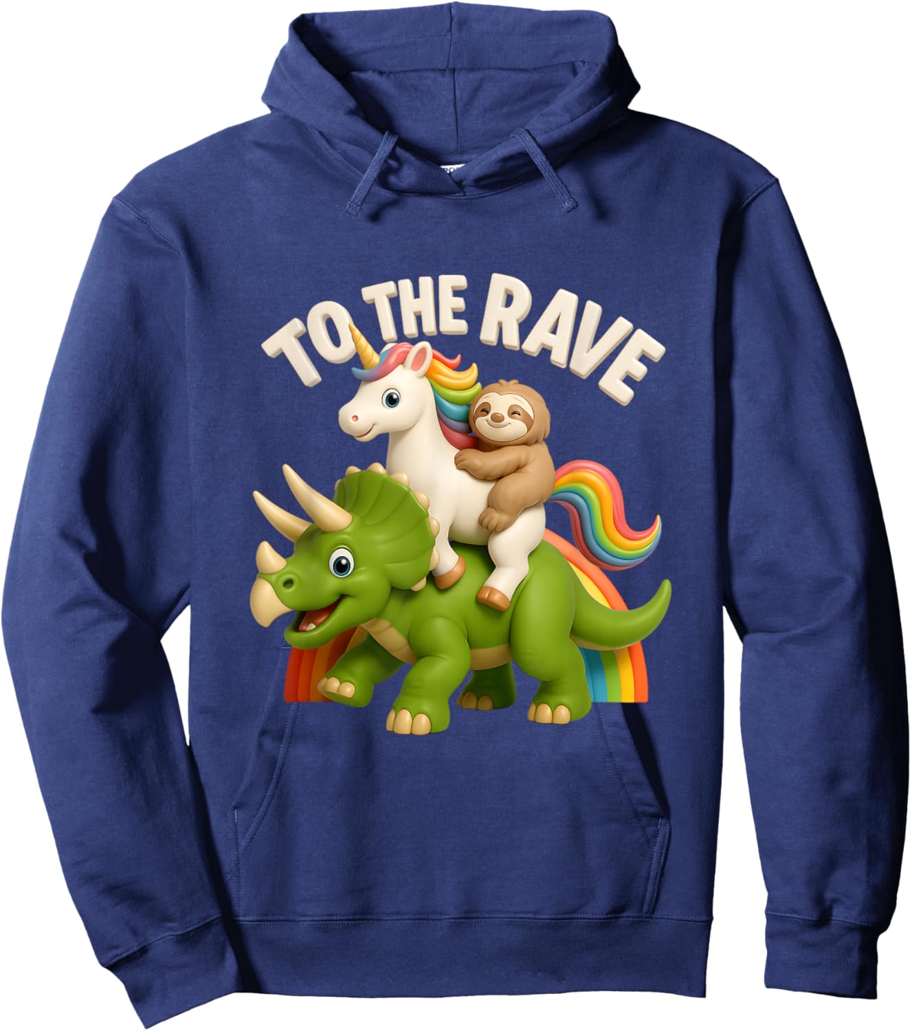 to Rave Unicorn and Sloth Riding Triceratops Dinosaur Hoodie - Hoodie | Navy