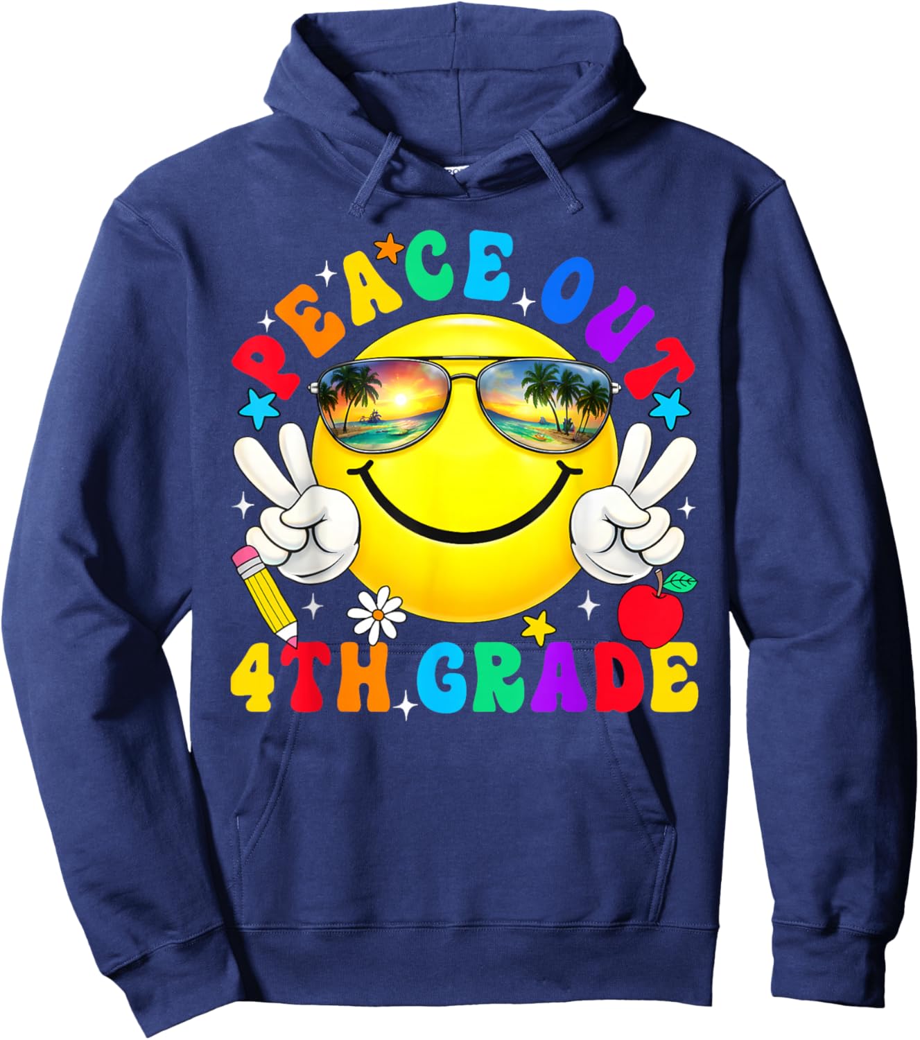 Peace Out Fourth Grade Last Day of School Groovy Smile Face Hoodie - Hoodie | Navy