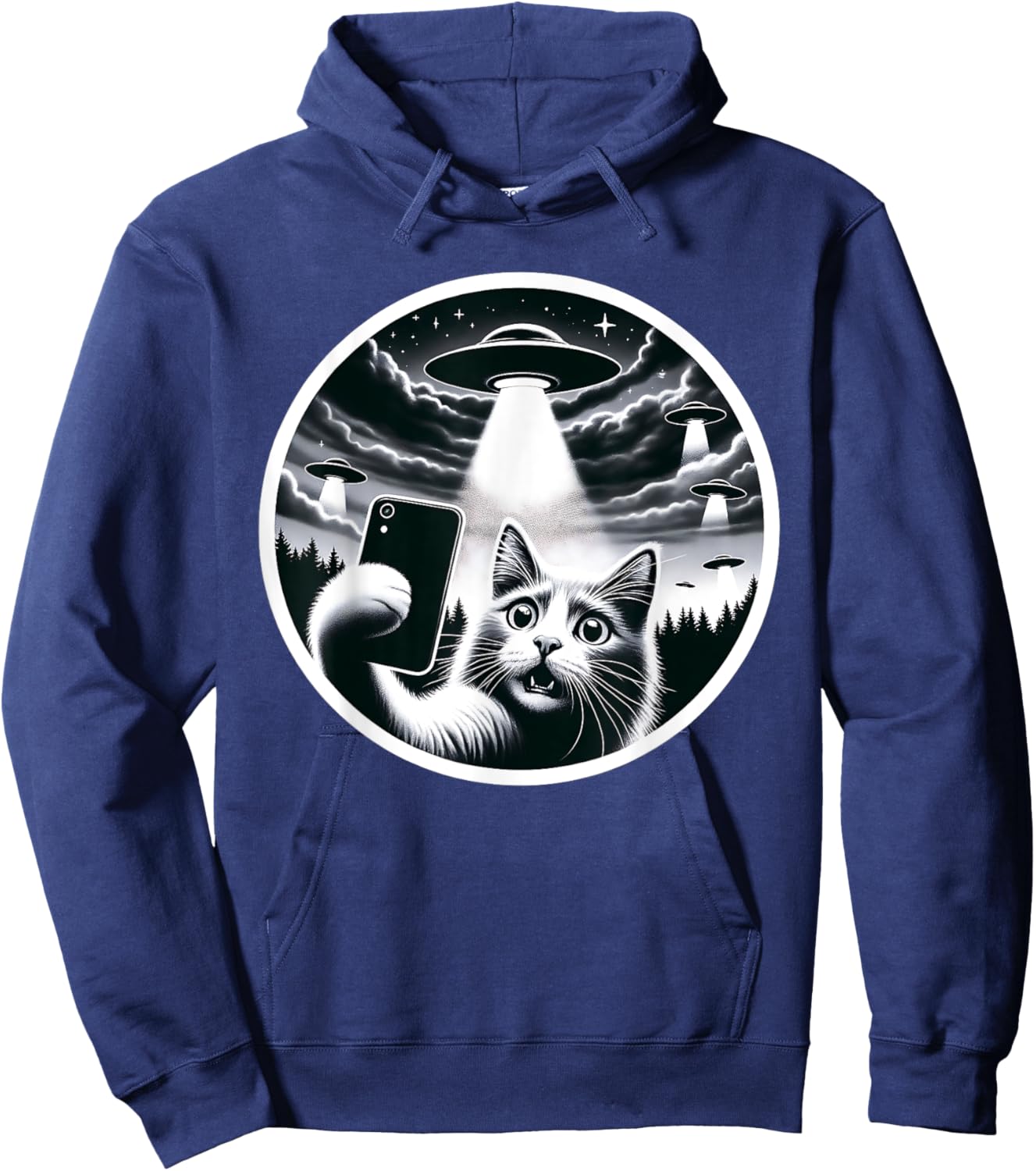 Whisker-ed Away: Cat's Hilarious UFO Abduction Selfie Hoodie - Hoodie | Navy