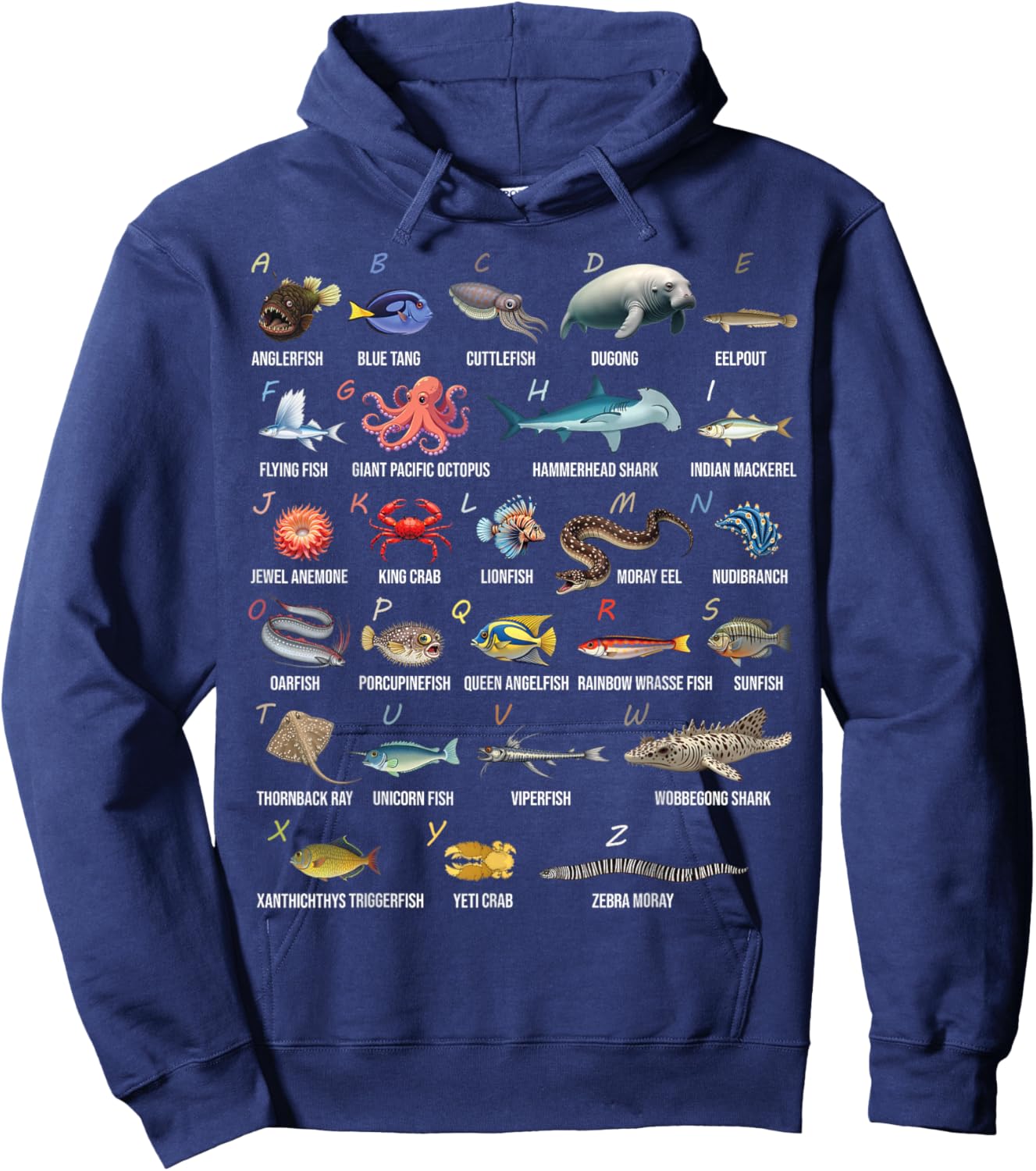 A-Z Ocean Life Alphabet Marine Creatures Exploration Hoodie - Hoodie | Navy