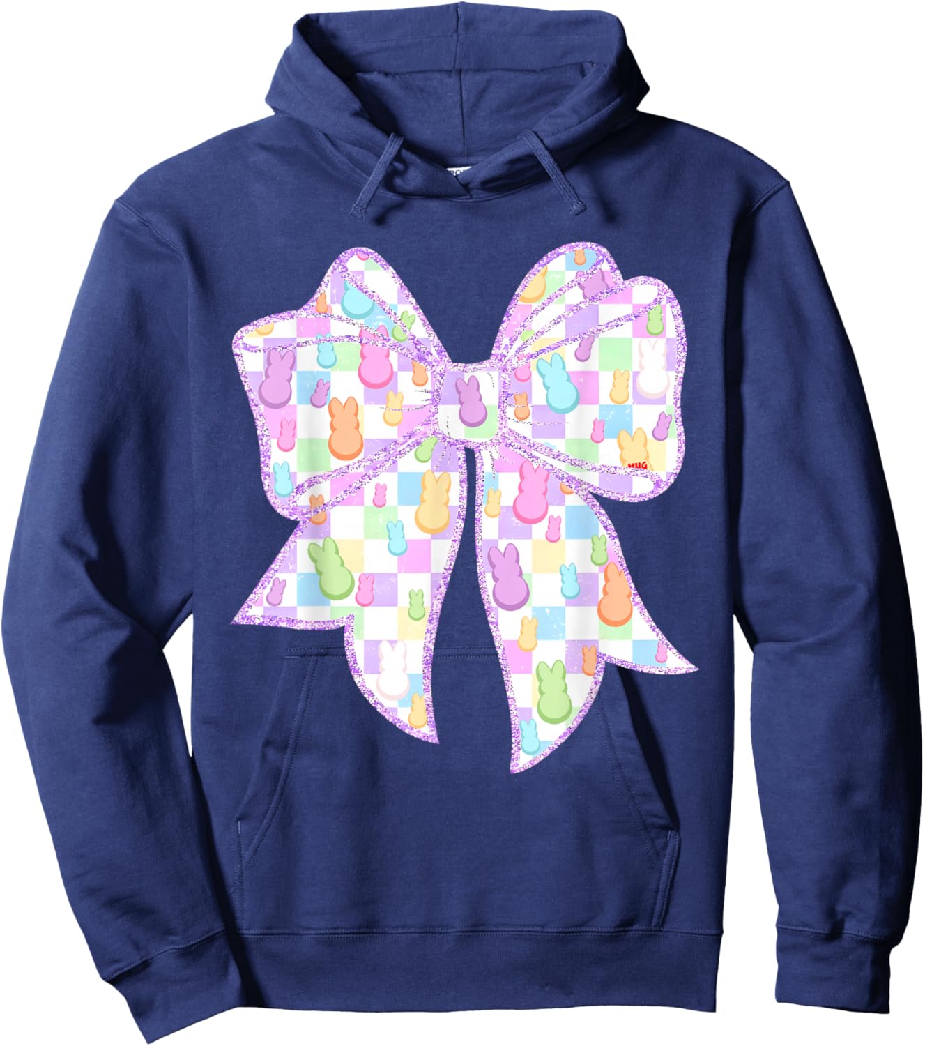 Funny Bunny Coquette Bow Rabbit Eggs Happy Easter Checkered Hoodie - Hoodie | Navy