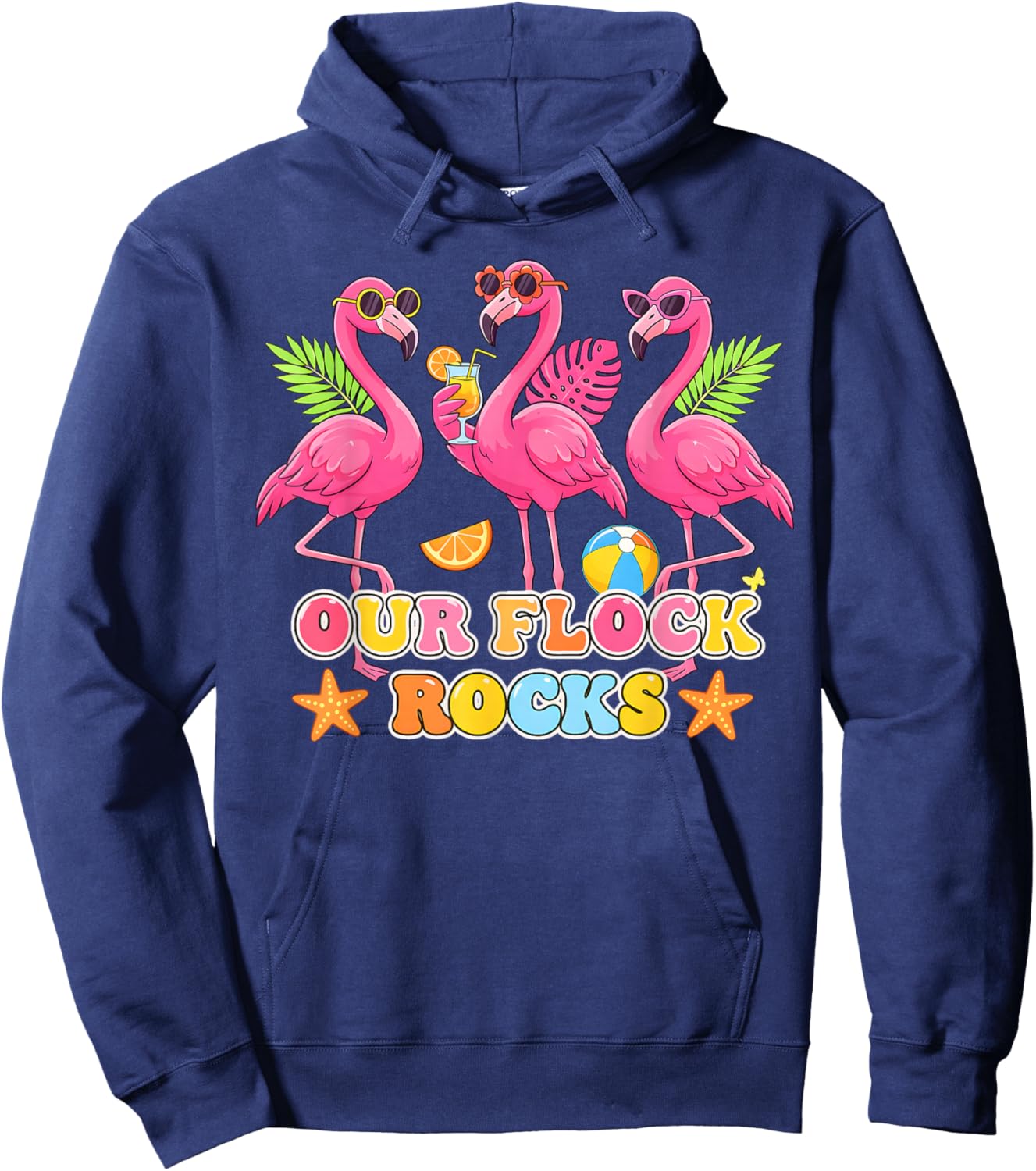 Pink Flamingo Our Flock Rocks Funny Family Vacation Group Hoodie - Hoodie | Navy