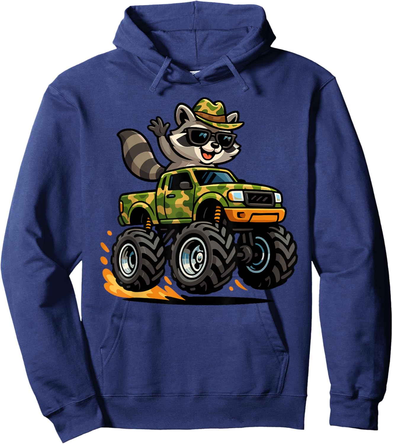 Camo Raccoon Monster Truck Western Boys Camo Cowboy Raccoon Hoodie - Hoodie | Navy