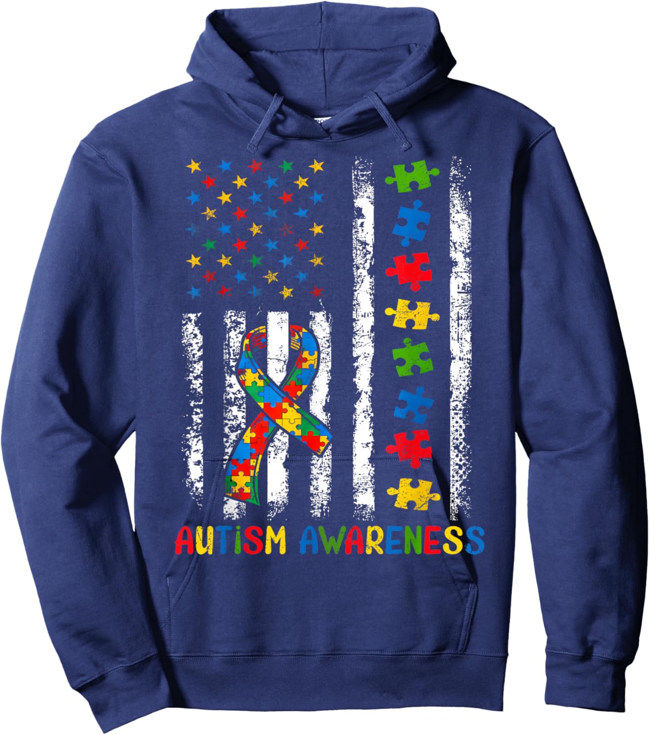 World Autism Awareness Day Puzzle USA Flag Men Women Kid Hoodie - Hoodie | Navy