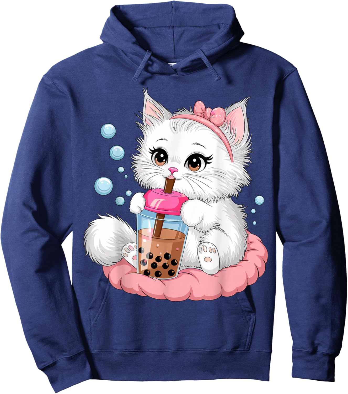 Cute White Cat Drinking Boba Tea Hoodie - Hoodie | Navy