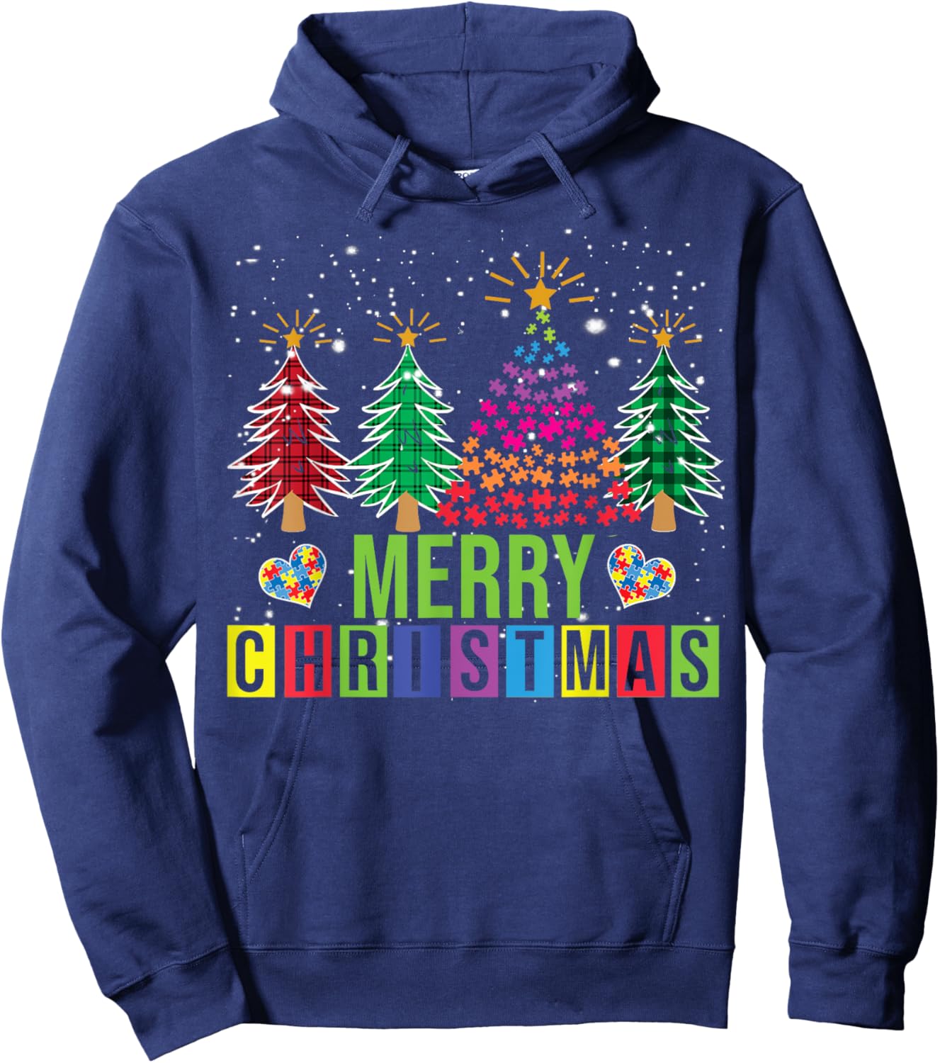 Autism Merry Christmas Tree Buffalo Plaid Matching Family Hoodie - Hoodie | Navy