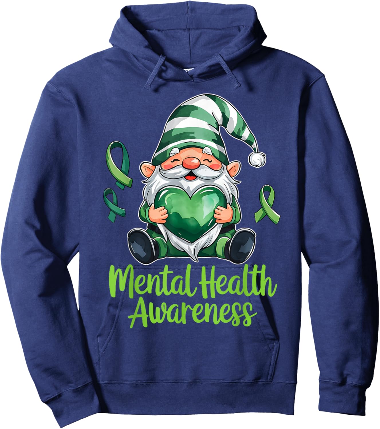 Mental Health Awareness Cute Gnome with Heart and Ribbon Hoodie - Hoodie | Navy