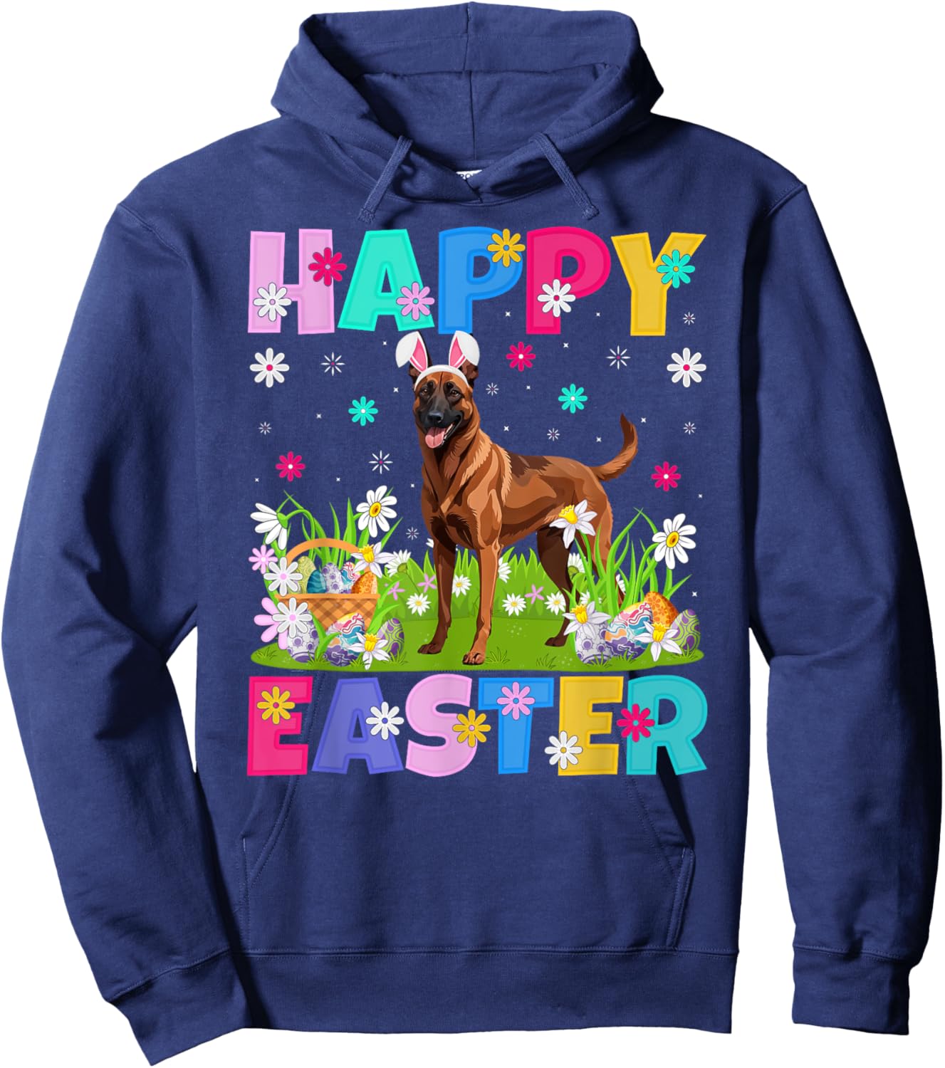 Belgian Malinois Dog Happy Easter Egg Hunt Bunny Ear Easter Hoodie - Hoodie | Navy