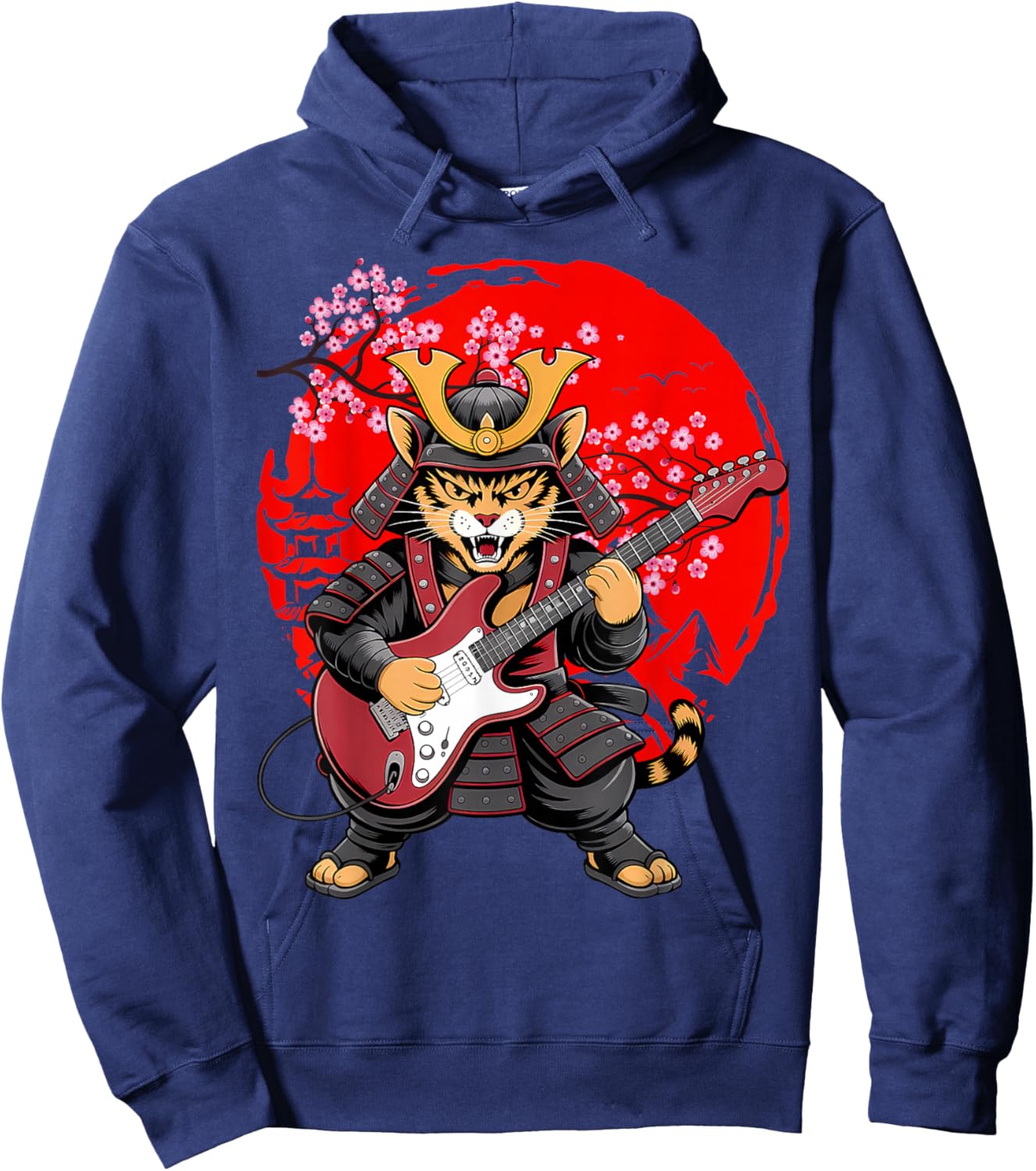 Vintage Japanese Ukiyo-e Art Samurai Cat Playing Guitar Men Hoodie - Hoodie | Navy