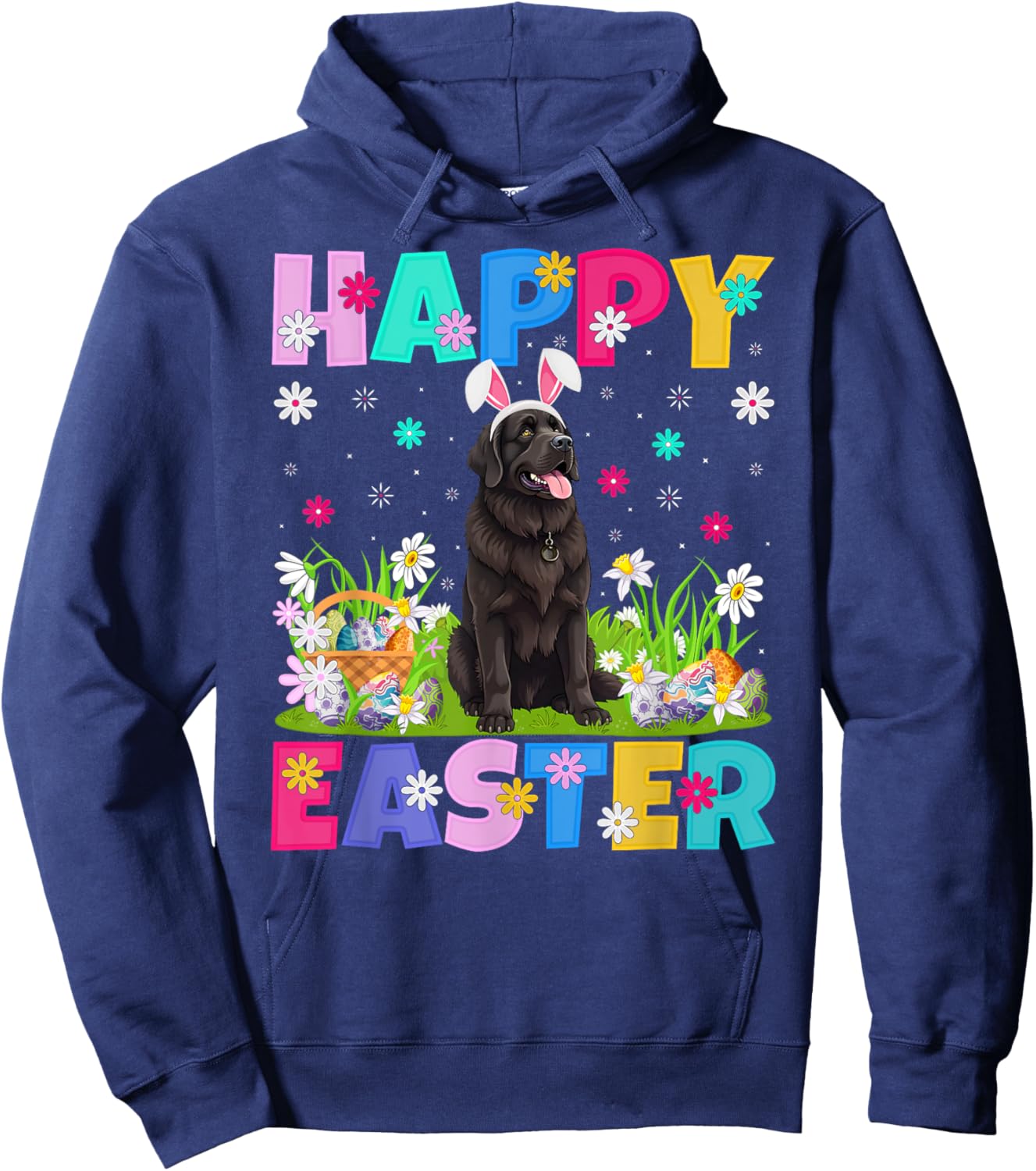 Newfoundland Dog Happy Easter Egg Hunt Bunny Ear Easter Hoodie - Hoodie | Navy