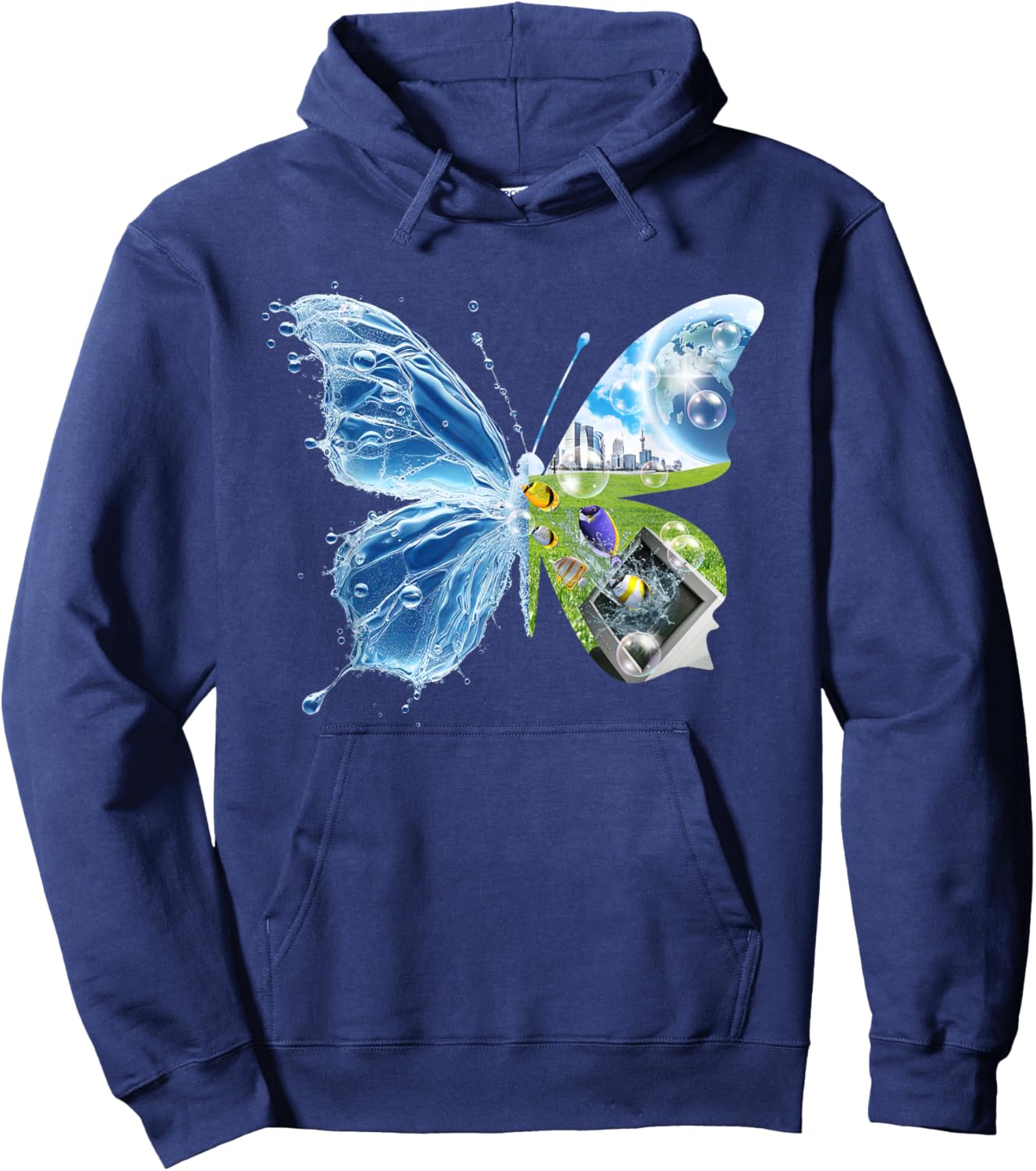 Frutiger Aero Aesthetic Schmetterling Computer Fische Landschaft Hoodie - Hoodie | Navy