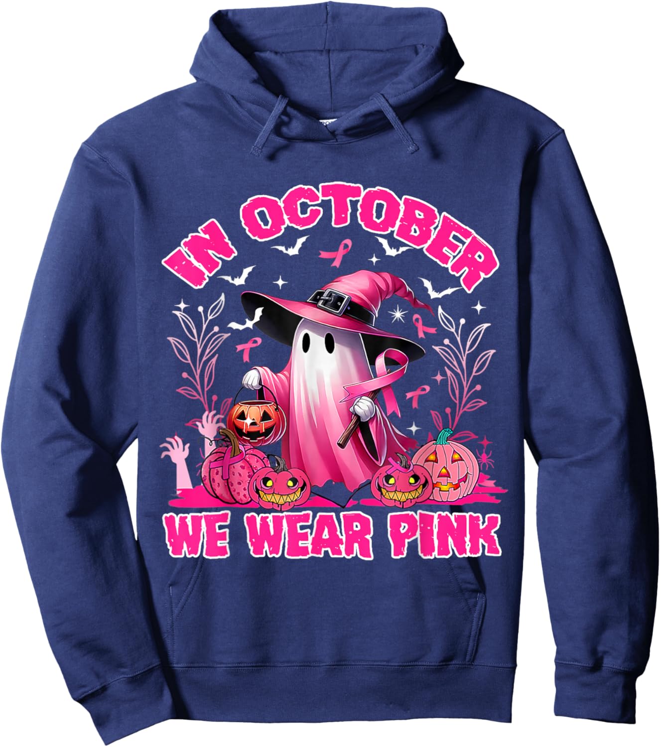 In October We Wear Pink Ghost Witch Breast Cancer Awareness Hoodie - Hoodie | Navy