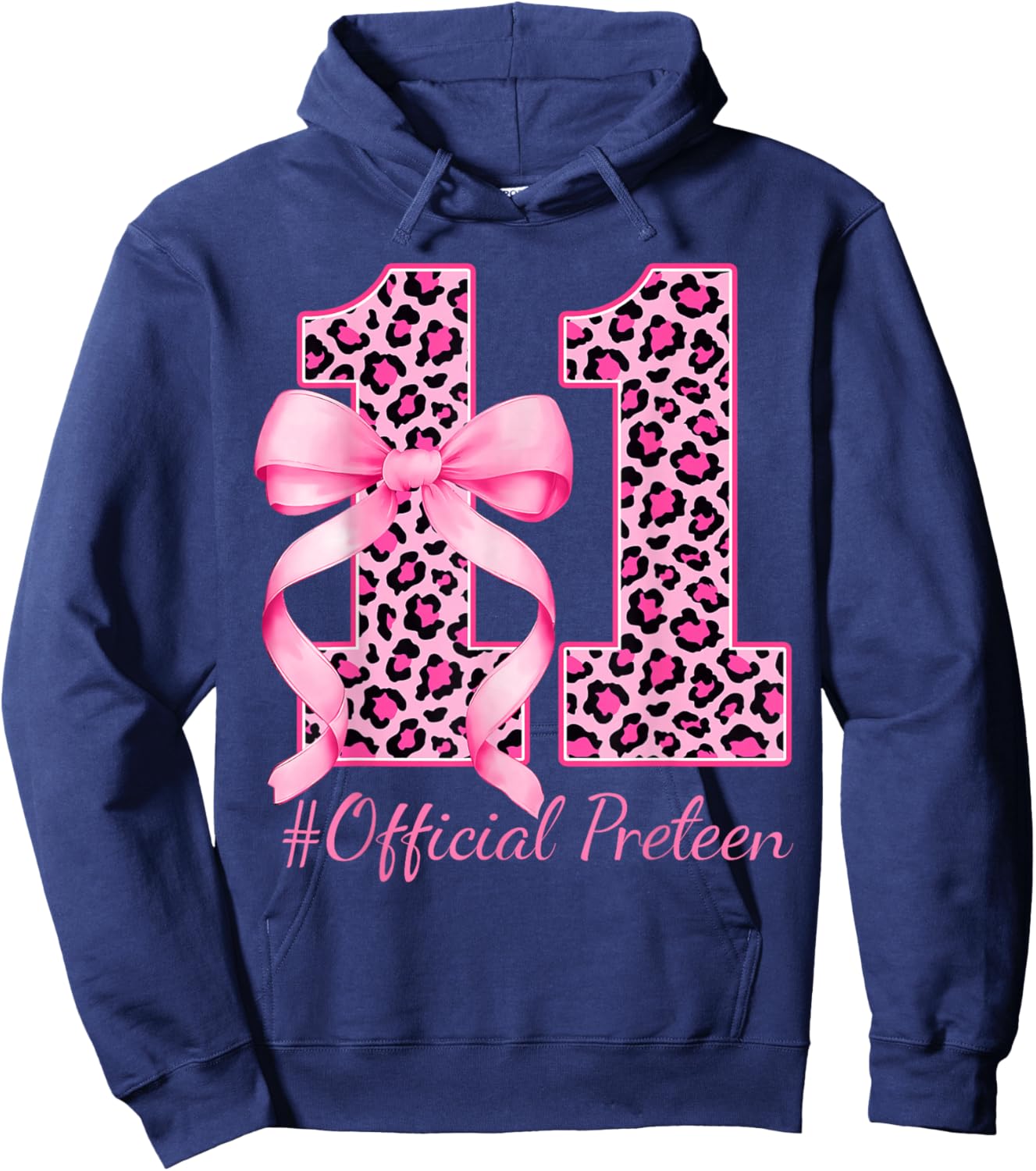 Cute 11th Birthday Girl Leopard Coquette Bow 11 Year Old Hoodie - Hoodie | Navy