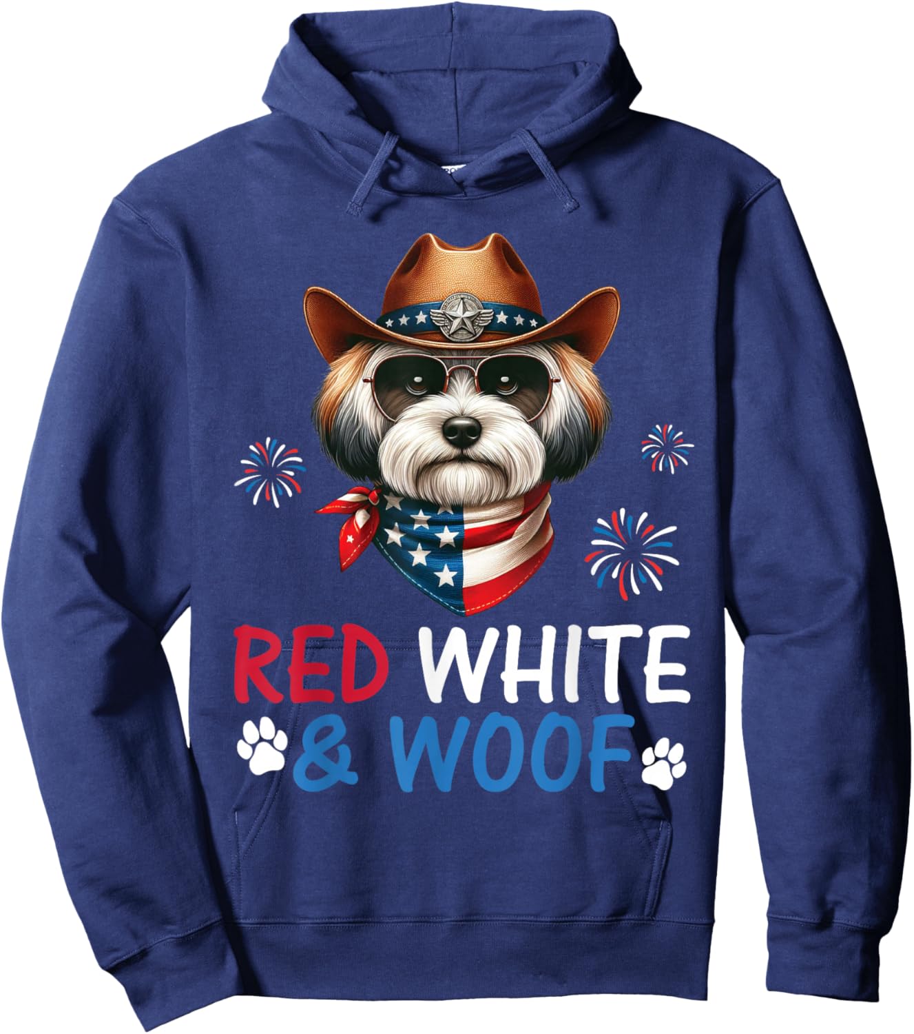 Havanese Dog Cowboy Costume Fireworks Red White and Woof Hoodie - Hoodie | Navy