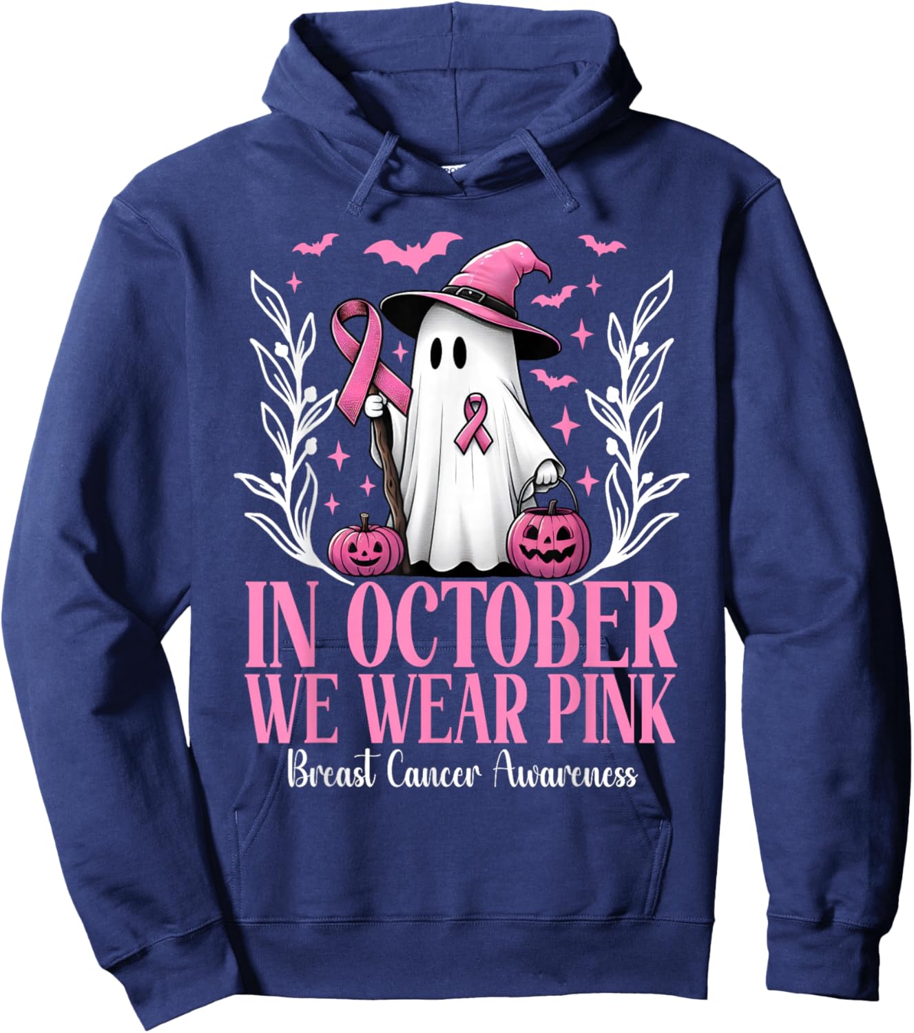 In October We Wear Pink Breast Cancer Witch Ghost Halloween Hoodie - Hoodie | Navy
