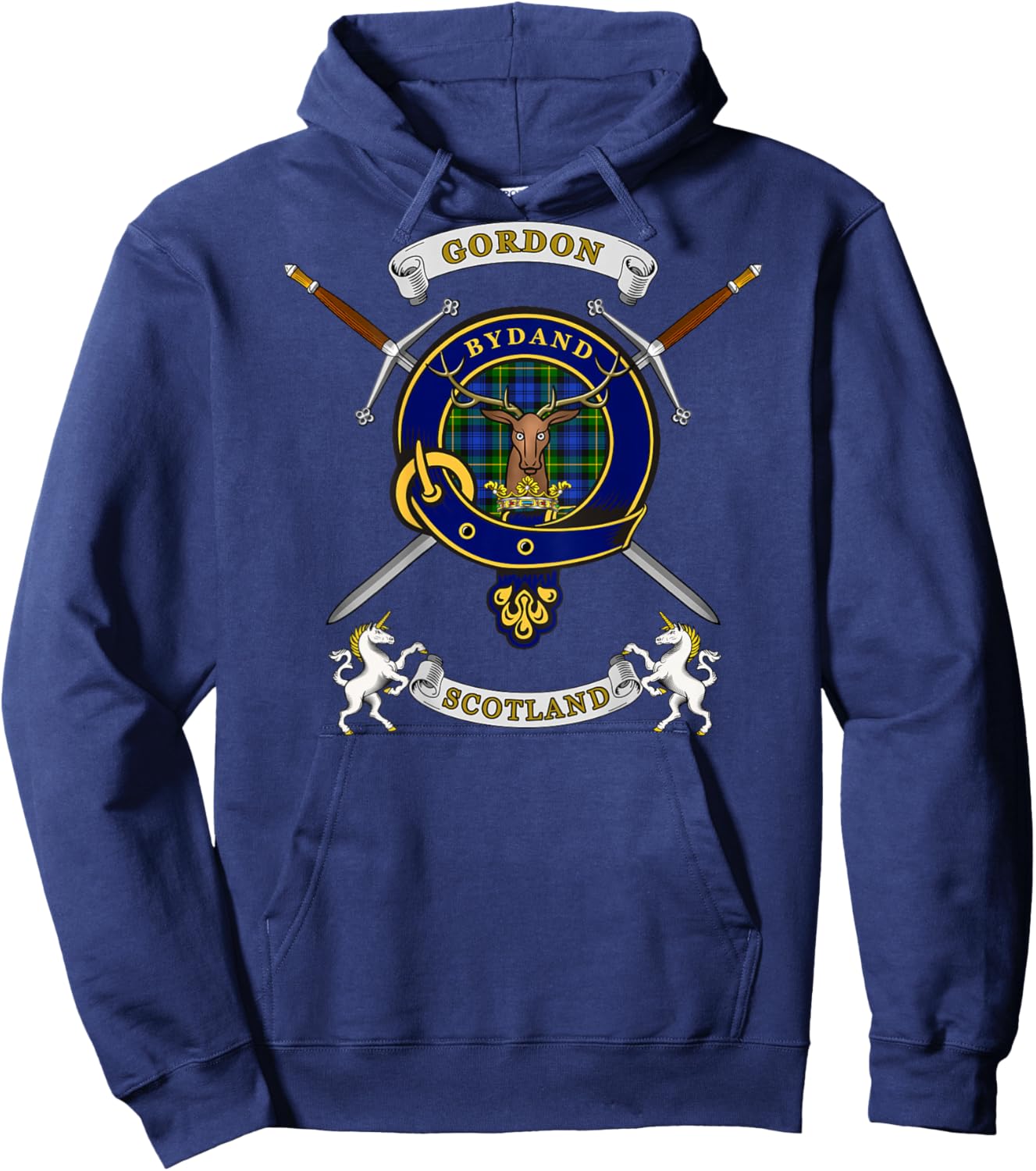 Gordon Scottish Clan Badge Tartan & Swords (Back) Hoodie - Hoodie | Navy