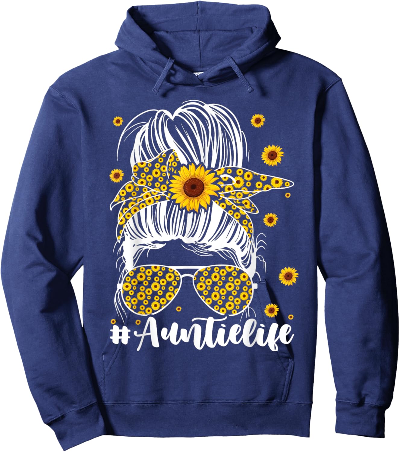 Mom Life Bleached Auntie Life Sunflower Messy Bun Hoodie - Hoodie | Navy