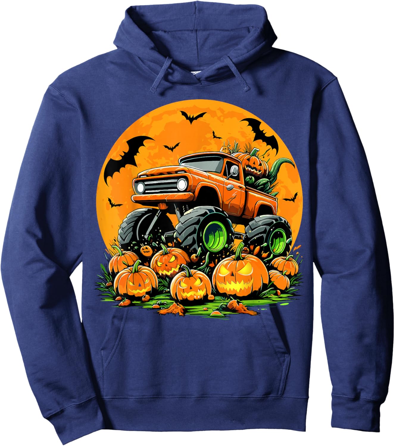 Kids Monster Truck Halloween Pumpkin Smasher Halloween Truck Hoodie - Hoodie | Navy