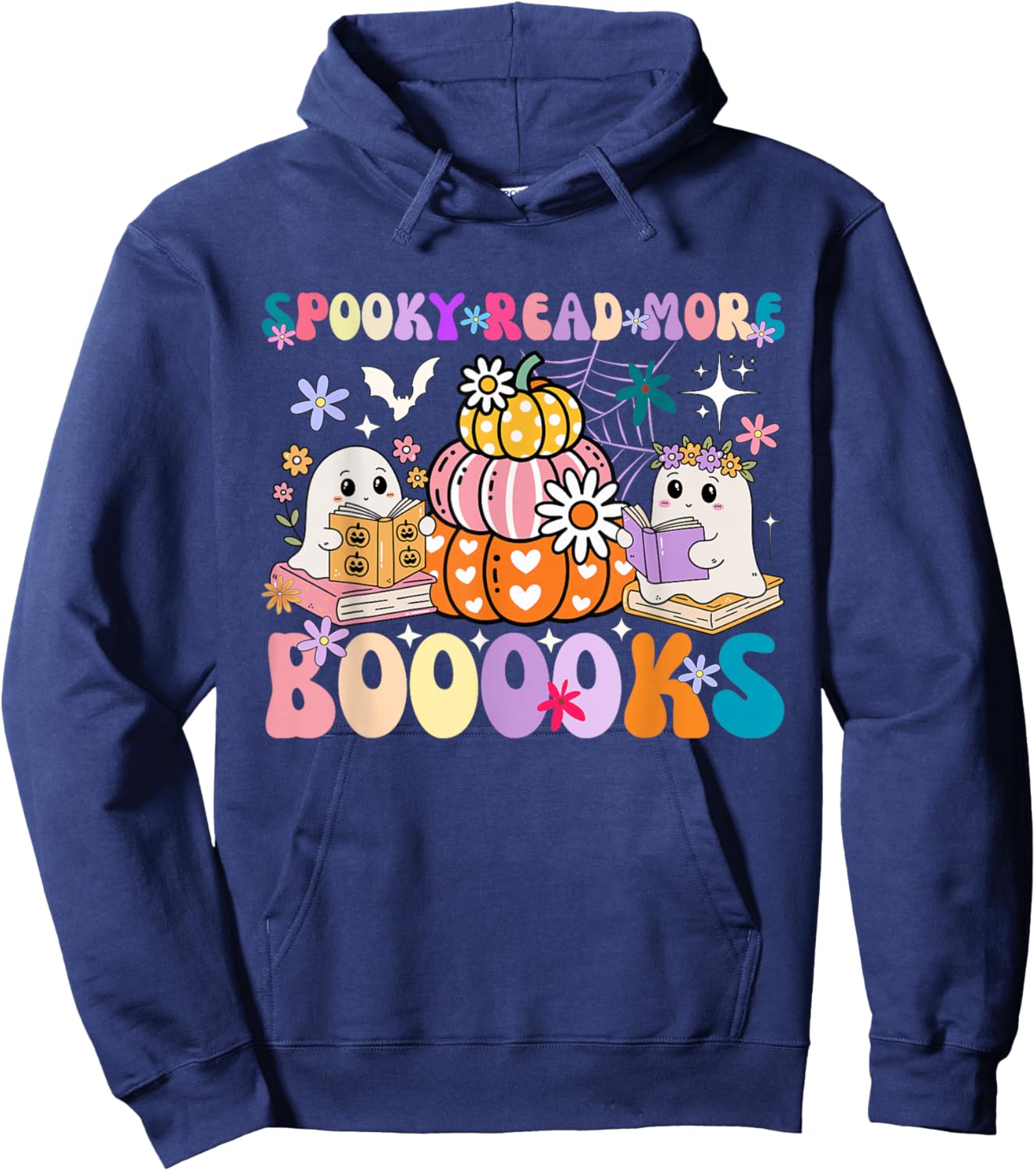 Spooky Read More Boooooks Cute Ghost Pumpkin Reading Groovy Hoodie - Hoodie | Navy