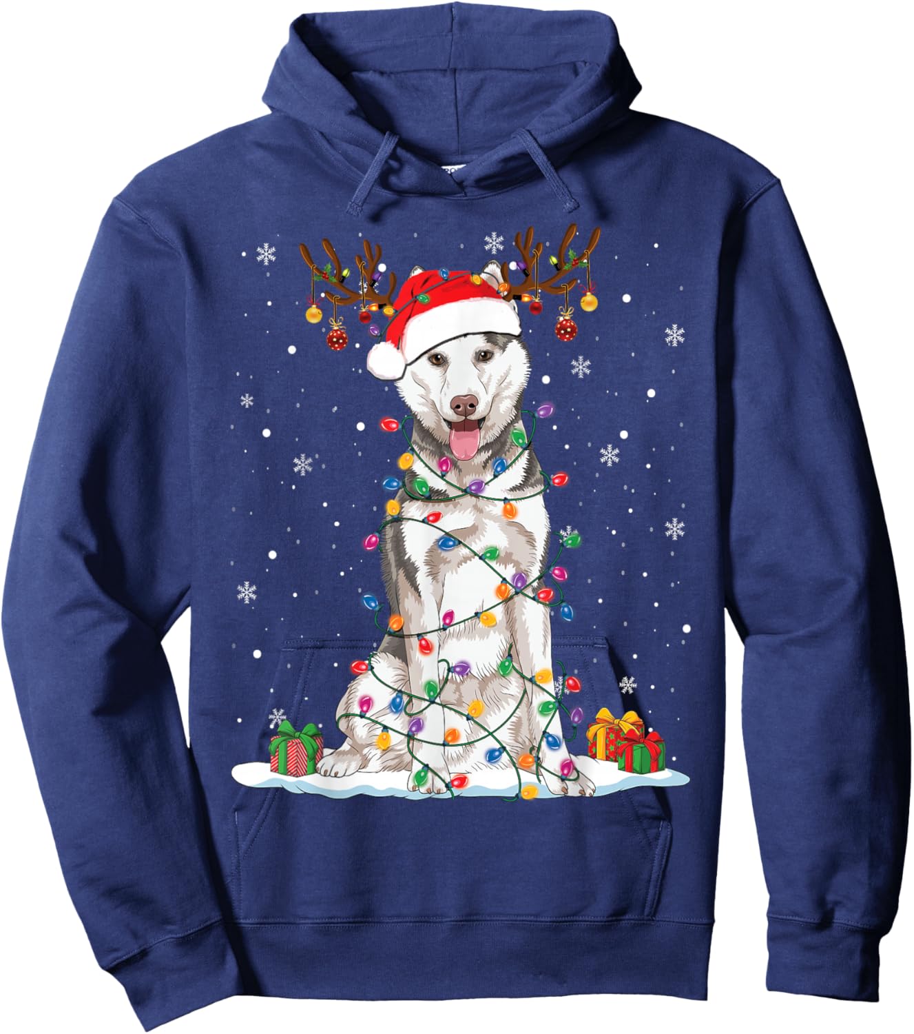 Funny Husky Dog Tree Christmas Lights Xmas Pajama Women Kids Hoodie - Hoodie | Navy