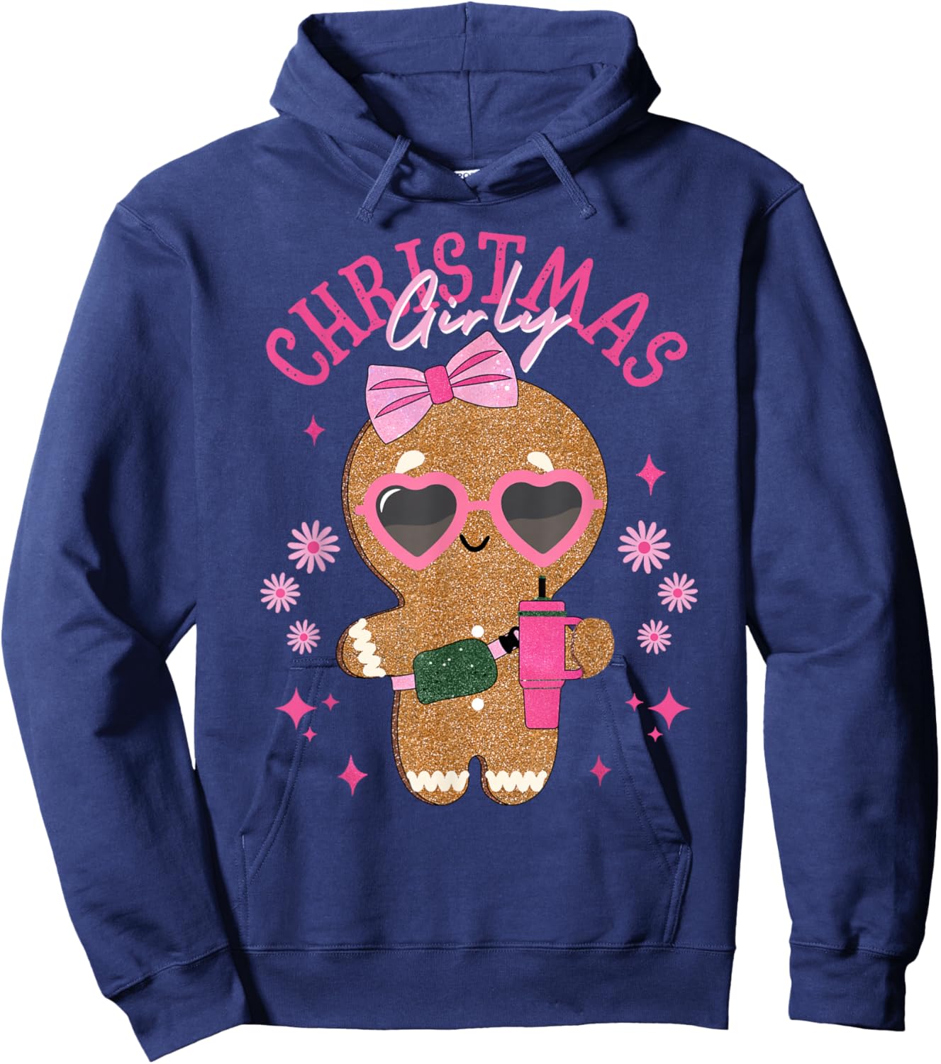 Coquette Bow Pink Gingerbread Christmas Girly Xmas Holiday Hoodie - Hoodie | Navy