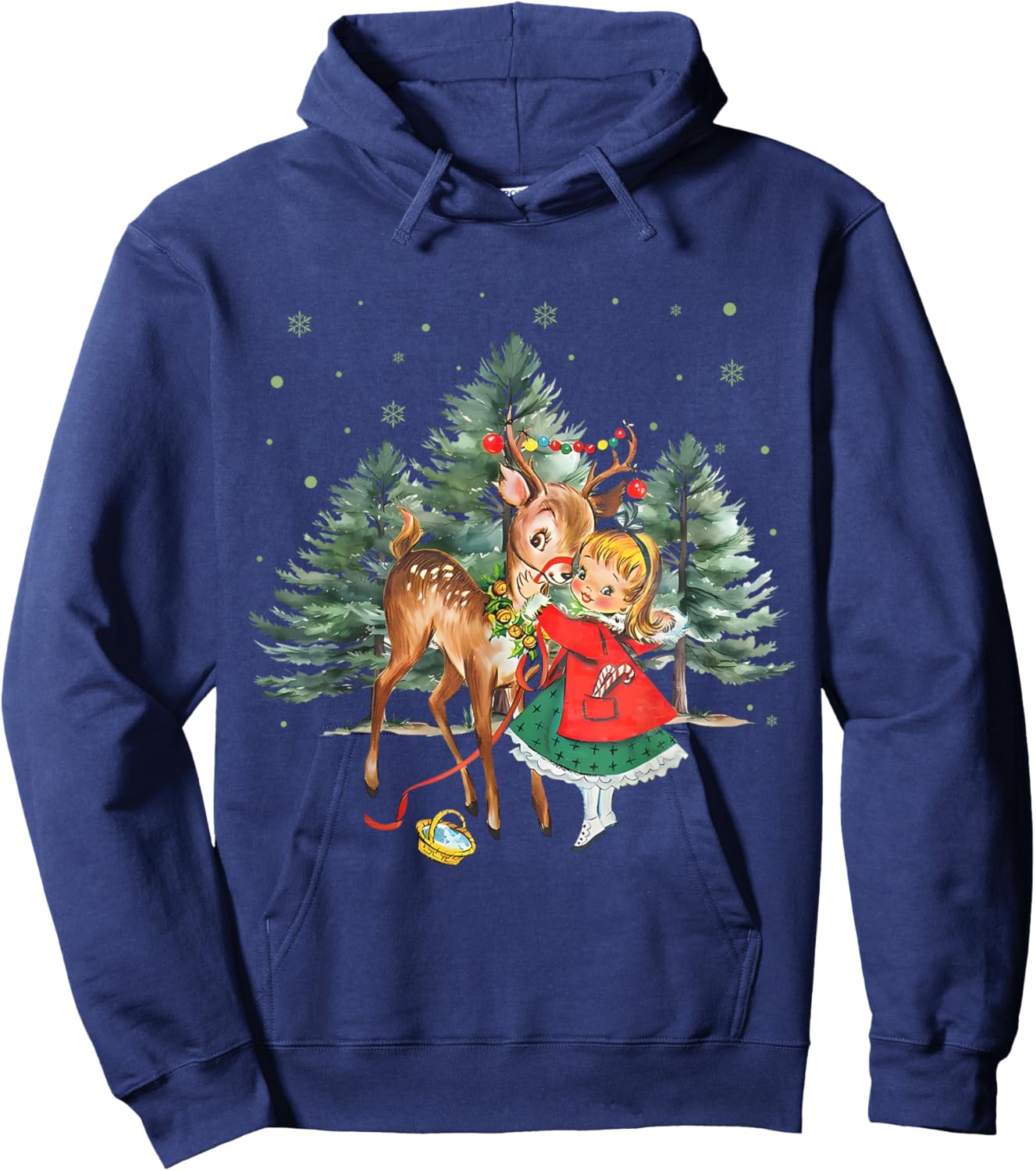 Vintage Girl and Reindeer Retro 1950's Christmas Hoodie - Hoodie | Navy