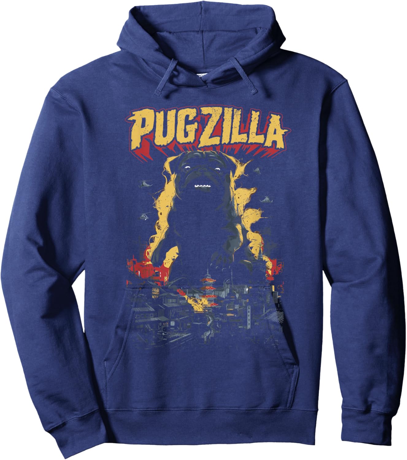 Pug Pet Dog Breed Pugzilla Funny Pug Lover Pug Owner Distressed -Adult Black Short Sleeve Hoodie - Hoodie | Navy