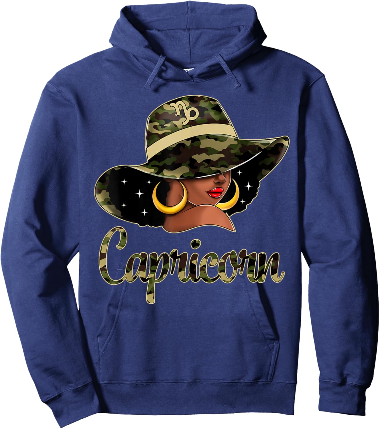 Capricorn Queen Black Woman With Hat Camo Afro Woman Zodiac Hoodie - Hoodie | Navy