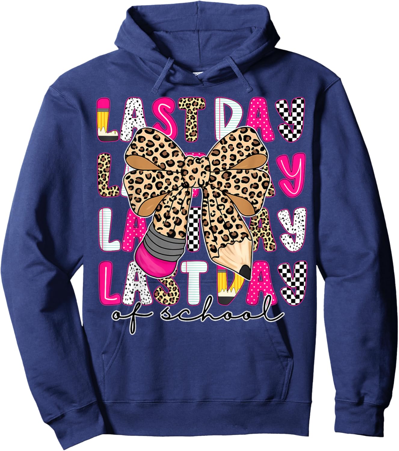 Happy Last Day of School Coquette Bow Pencil Teacher Student Hoodie - Hoodie | Navy