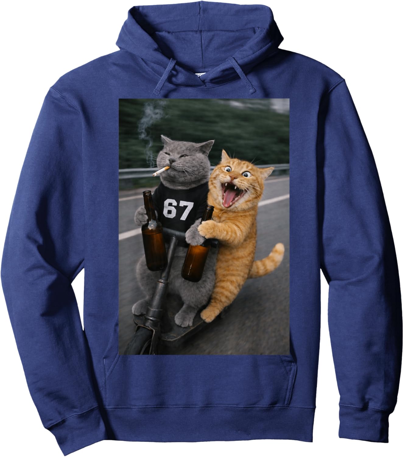 Funny cat Smoking Cigarette and Drinking Wearing 67 Hoodie - Hoodie | Navy