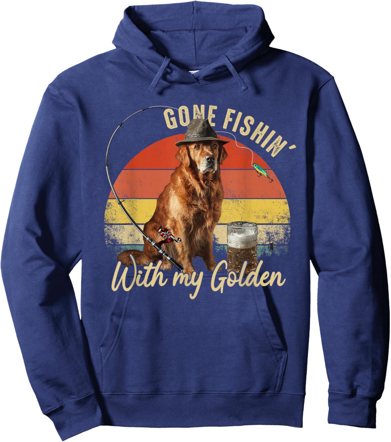 Golden Retriever Chien Rétro Vintage Fête des Pères Pêcheur Hoodie - Hoodie | Navy