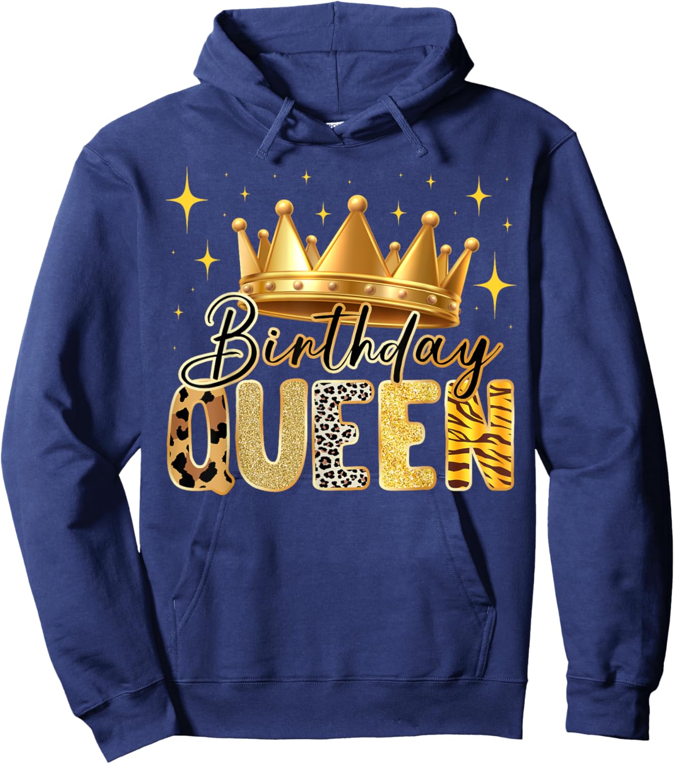 Birthday Queen Animal Print Style with Crown and Stars Hoodie - Hoodie | Navy