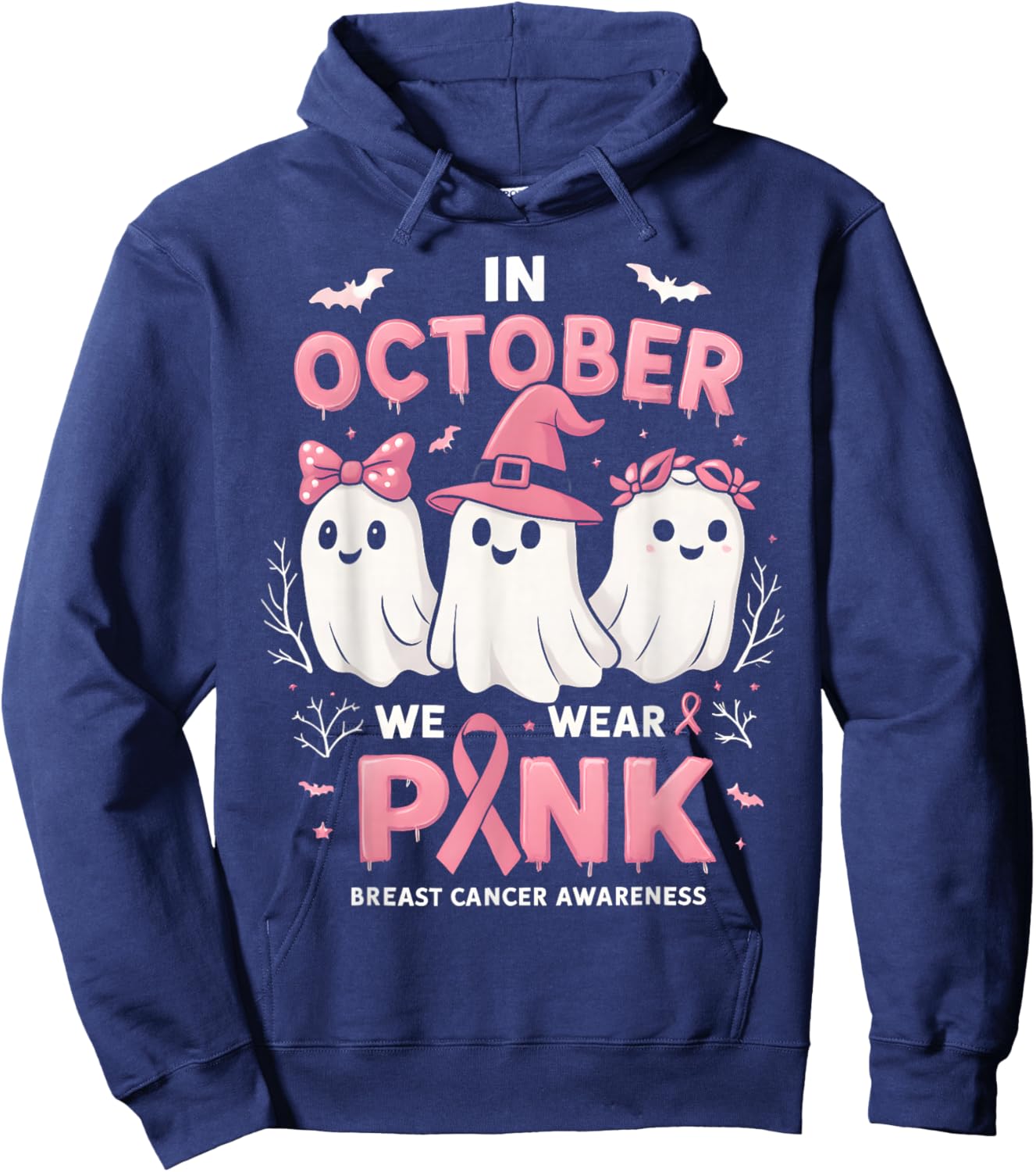 in October We Wear Pink Ghost Halloween Women Breast Cancer Hoodie - Hoodie | Navy