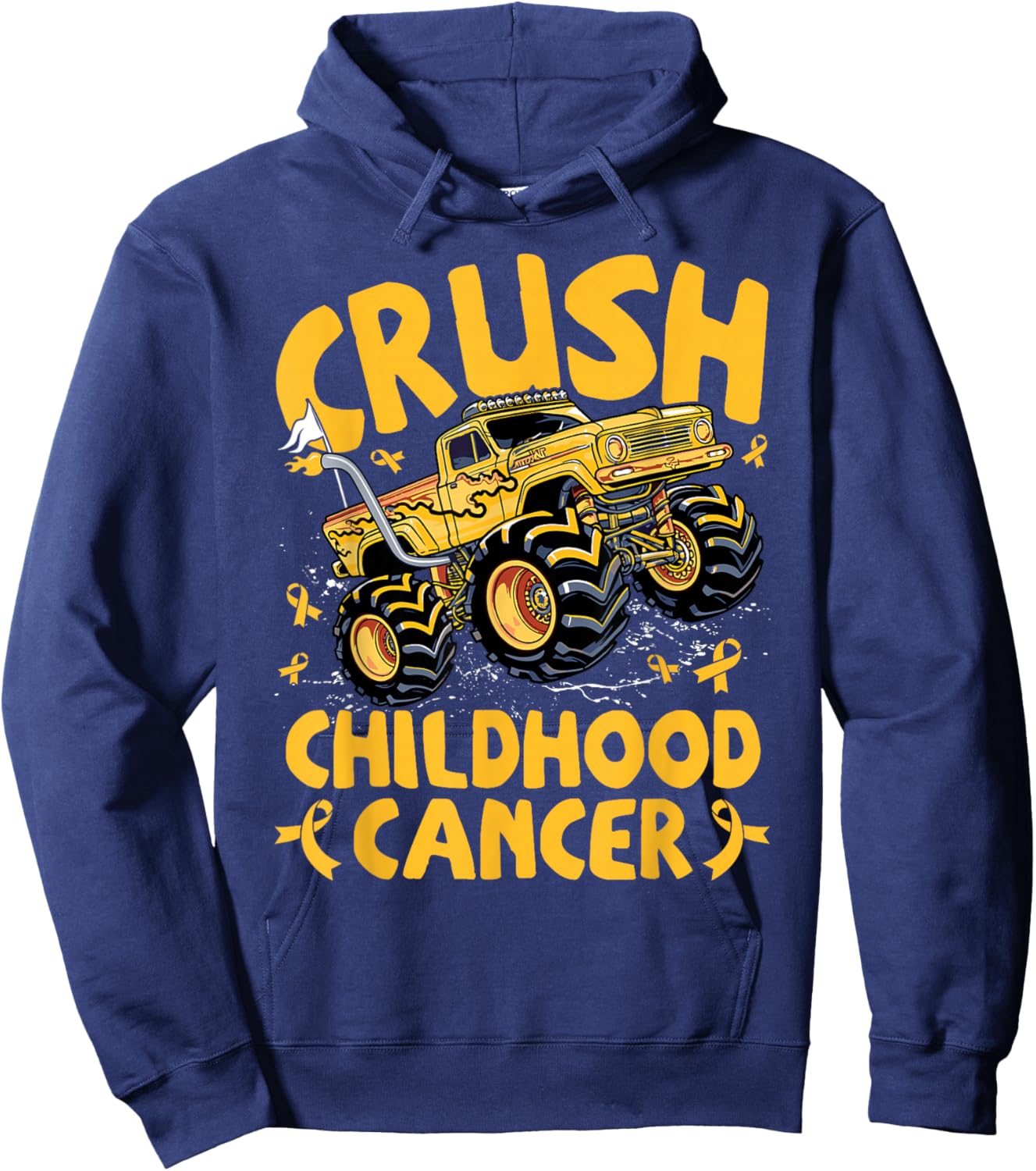 Crush Childhood Cancer Awareness Monster Truck Gold Ribbon Hoodie - Hoodie | Navy